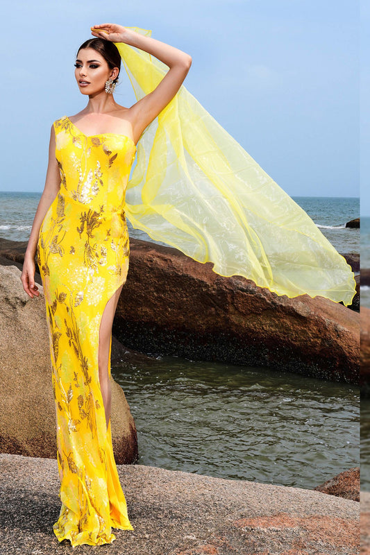 Yellow Sequins One Shoulder Party Dress