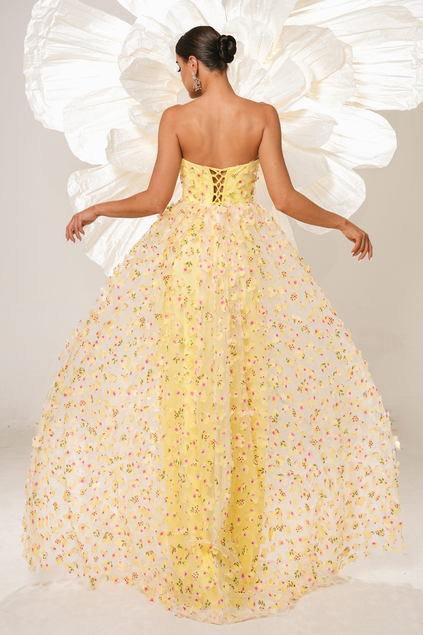 Yellow A Line Corset Strapless Long Tulle Prom Dress