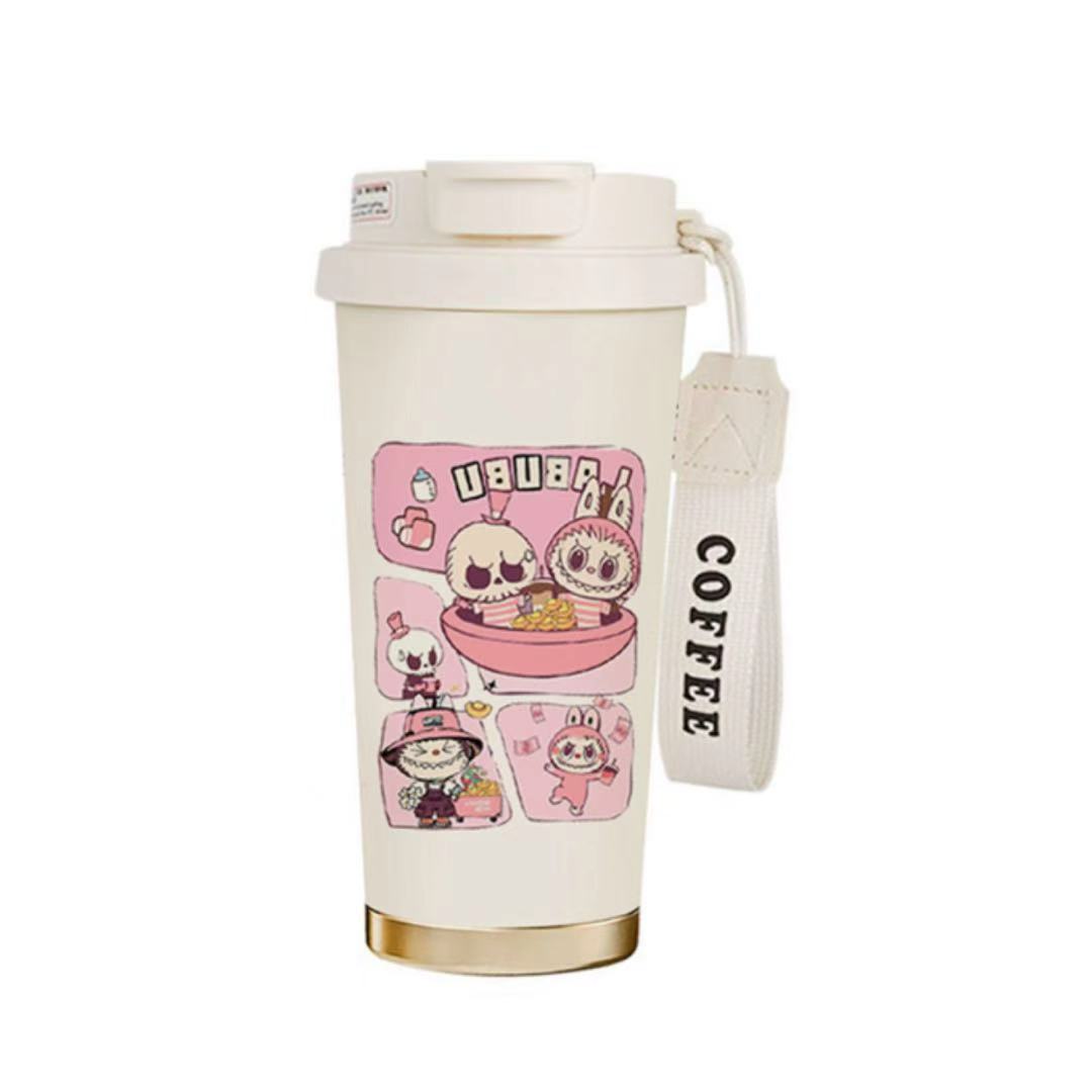 500ml pink cartoon anime character thermos cup, 316 stainless steel insulated coffee mug with lid and handle strap
