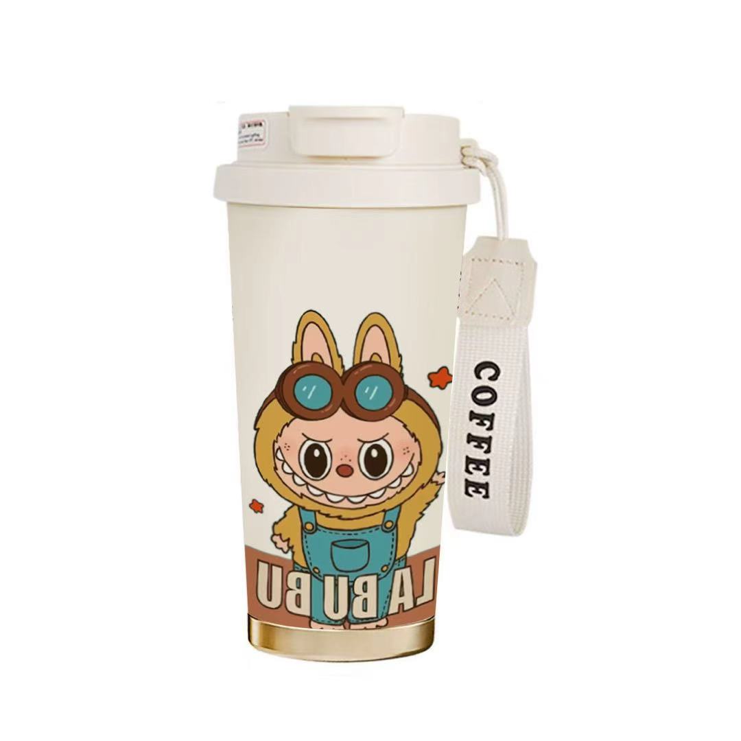 500ml cute cartoon bunny coffee mug with lid and strap, 316 stainless steel insulated travel cup