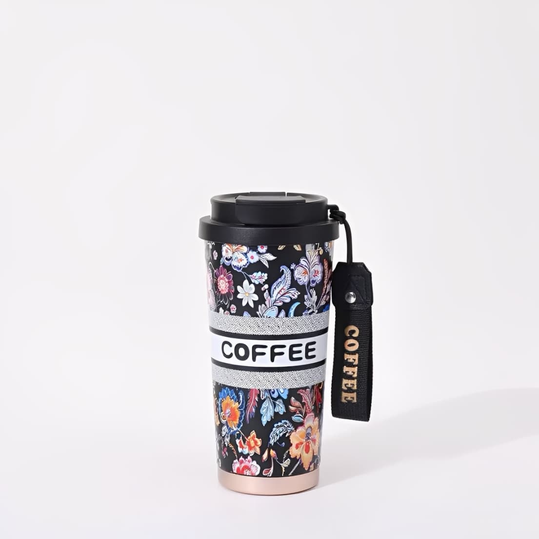 530mL 316 stainless steel thermal travel mug with black floral pattern, black lid, and detachable coffee strap