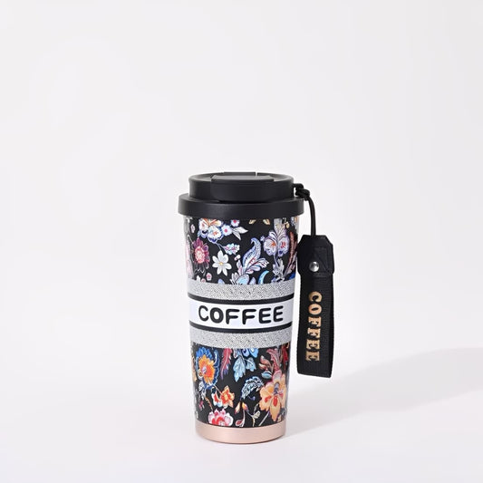 530mL 316 stainless steel thermal travel mug with black floral pattern, black lid, and detachable coffee strap