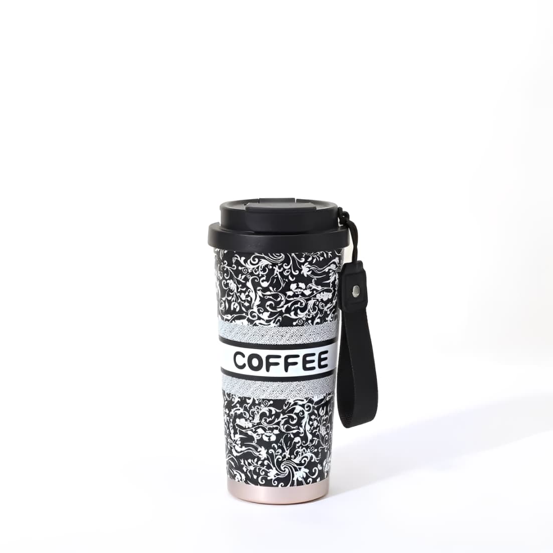 530mL 316 stainless steel thermal travel mug with black vintage pattern, black lid, and detachable coffee strap