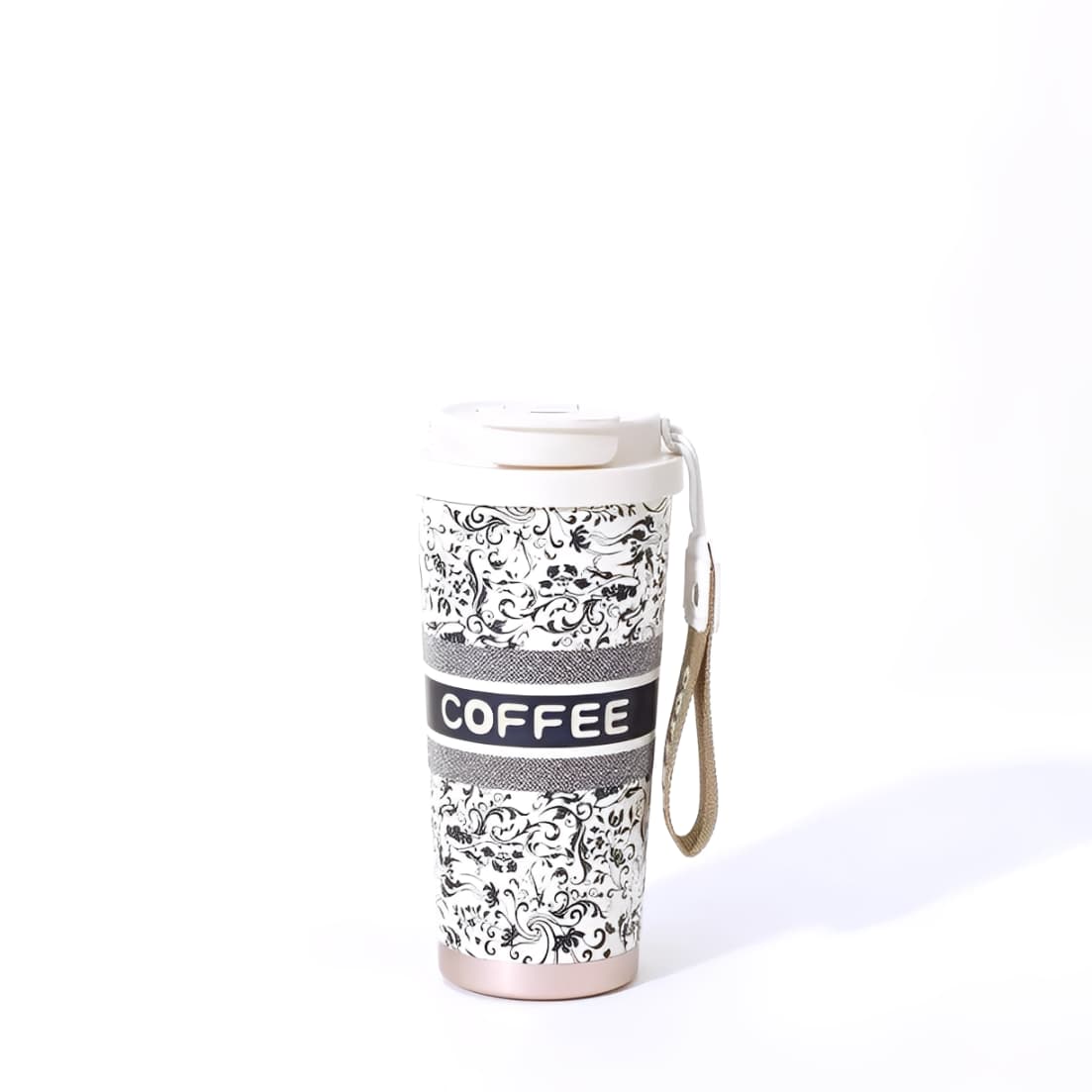 530mL 316 stainless steel thermal travel mug with white vintage pattern, cream lid, and detachable coffee strap