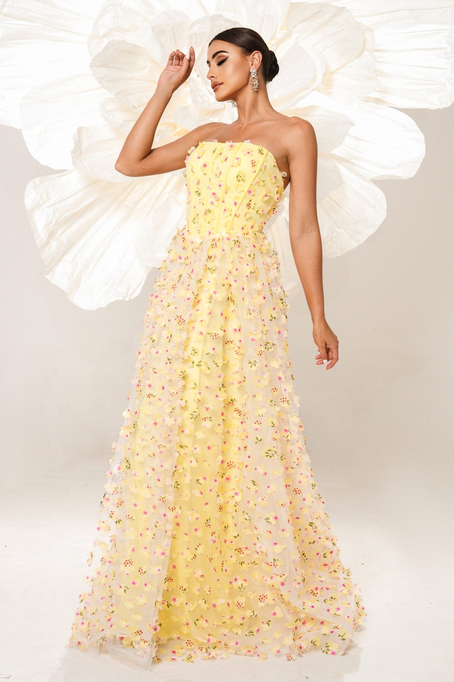 Yellow A Line Corset Strapless Long Tulle Prom Dress