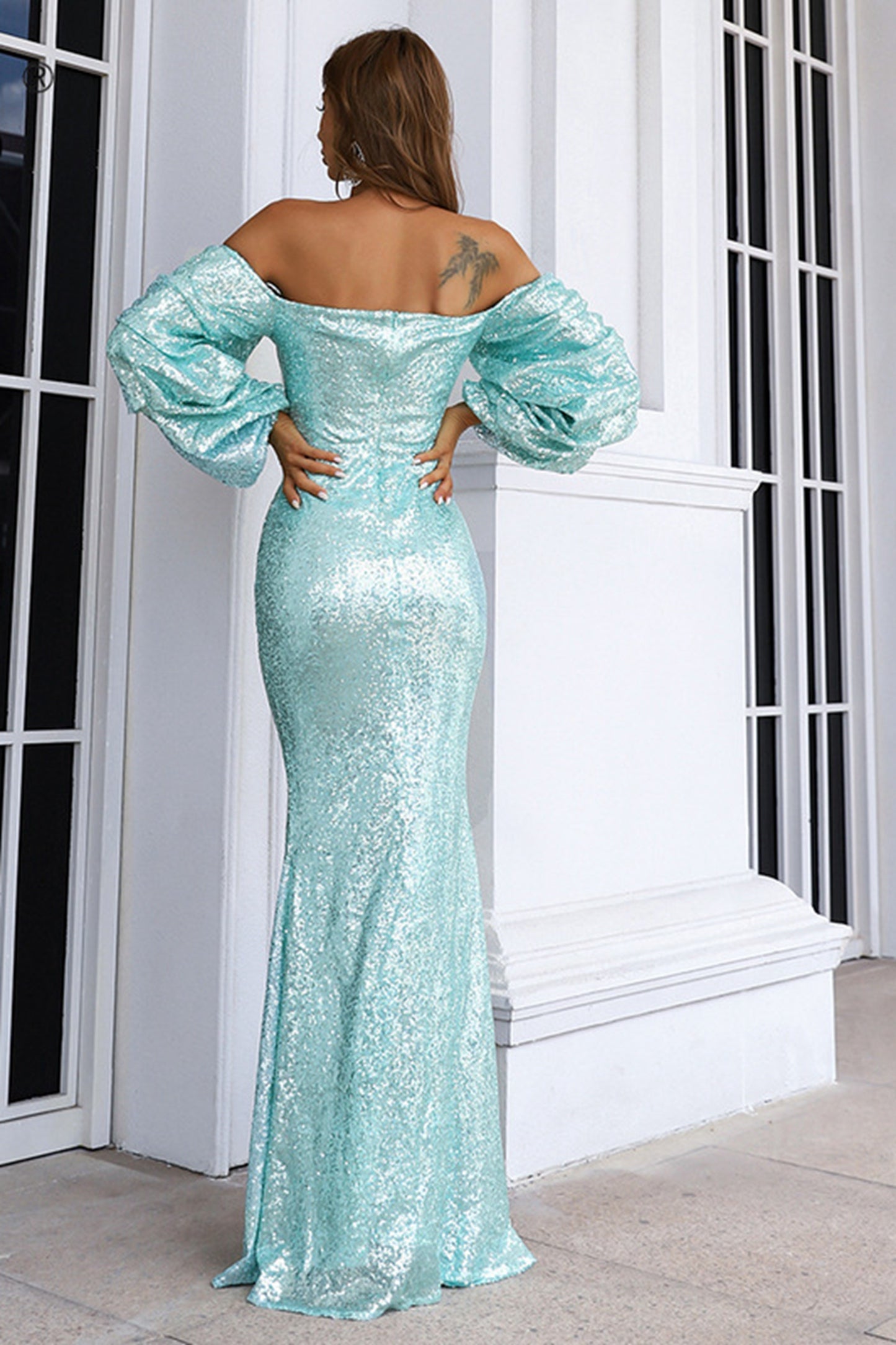 Green Sequins Long Sleeve Maxi Dress