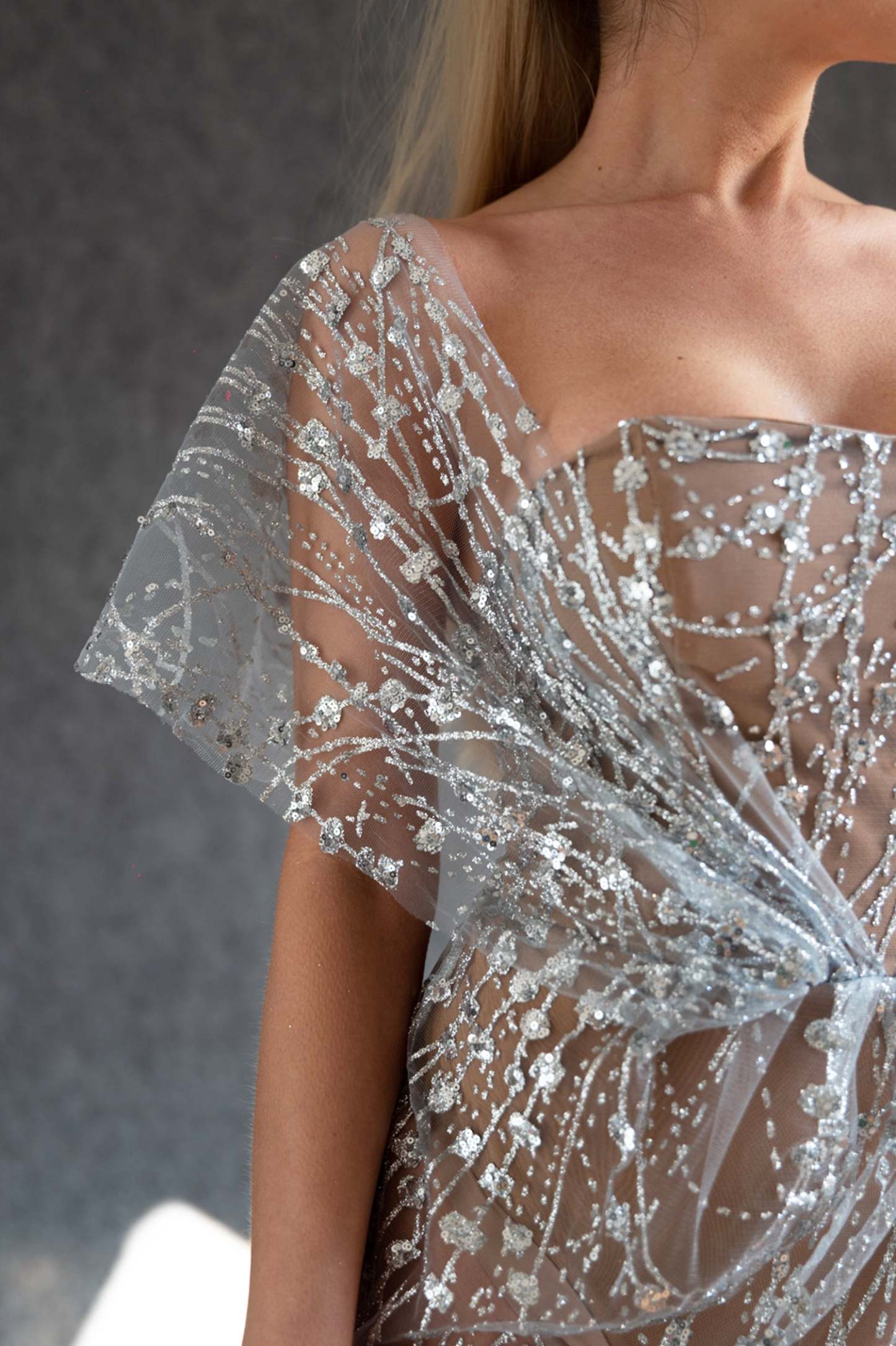 Off Shoulder Sequin Sheer Mini Dress - Silver