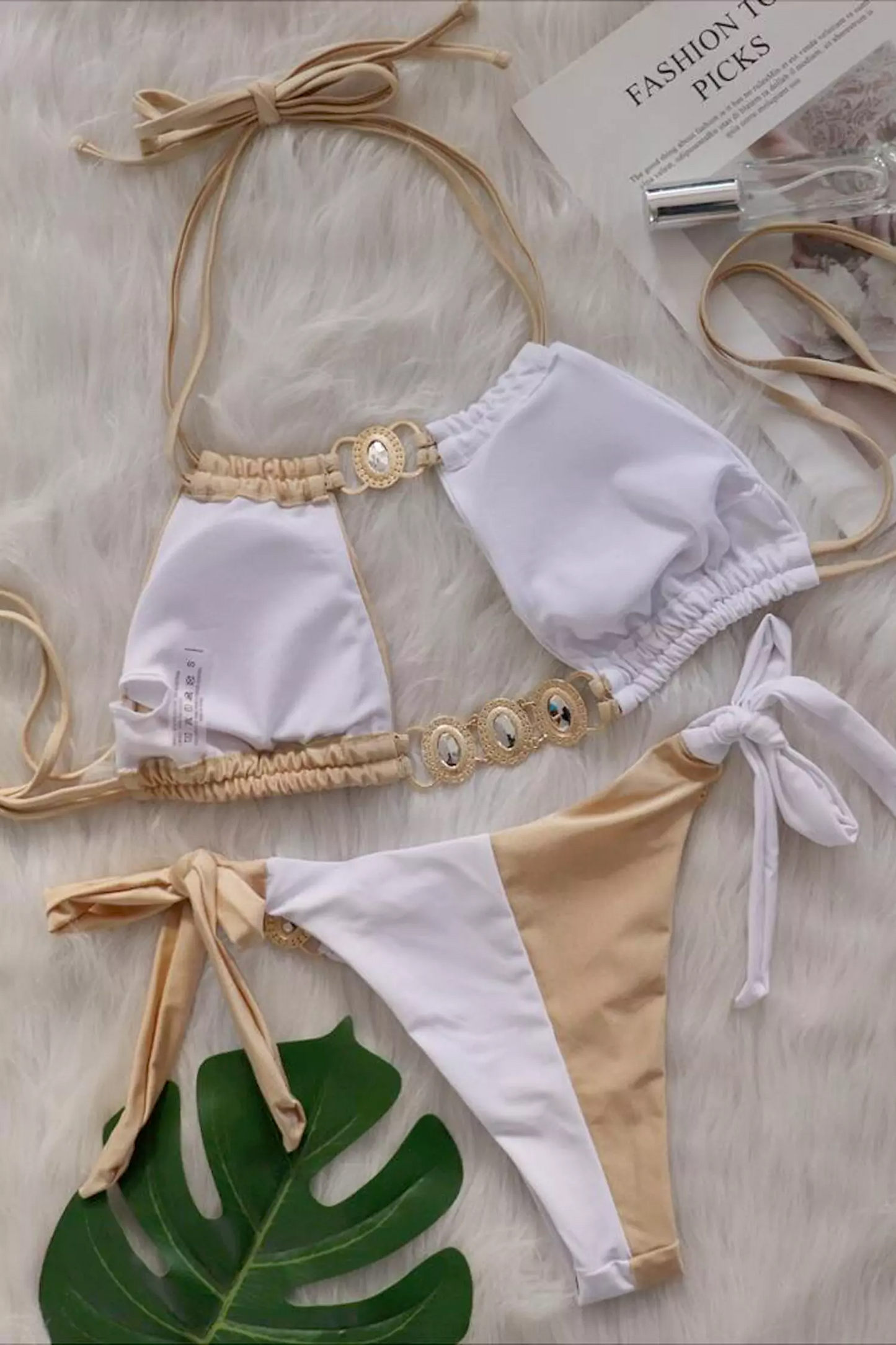 Givens White Brown Colored Halter Bikini