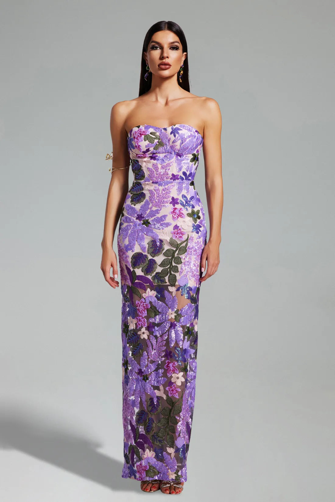 Eugenia Flower Sequins Strapless Mesh Dress - Purple