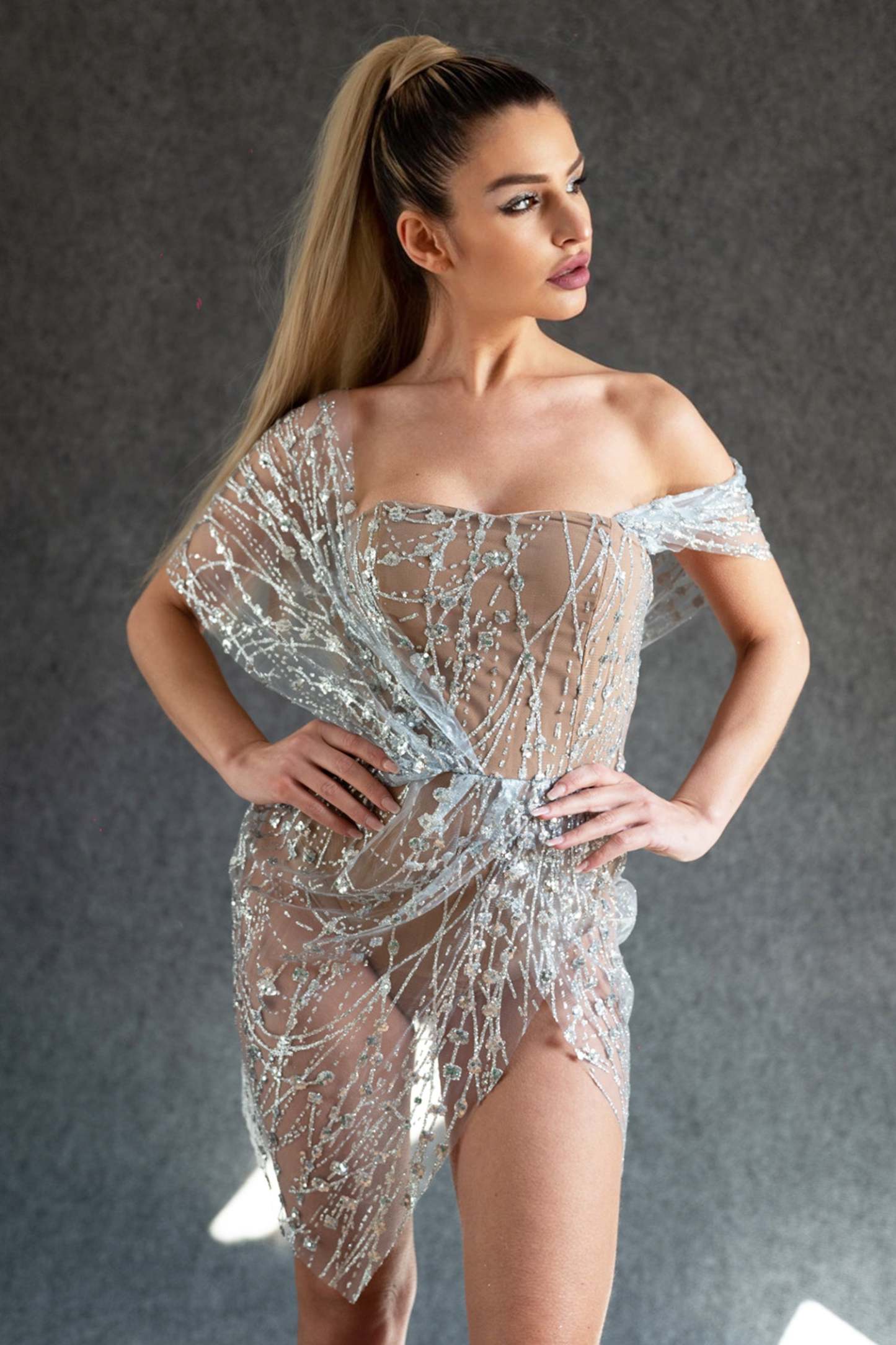 Off Shoulder Sequin Sheer Mini Dress - Silver