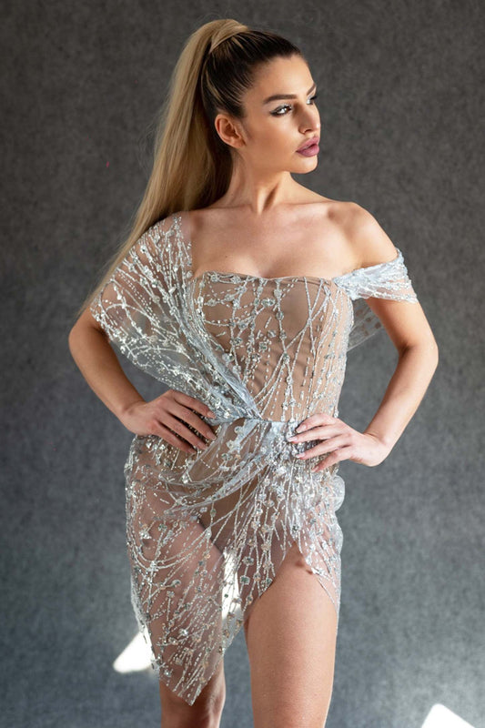 Off Shoulder Sequin Sheer Mini Dress - Silver