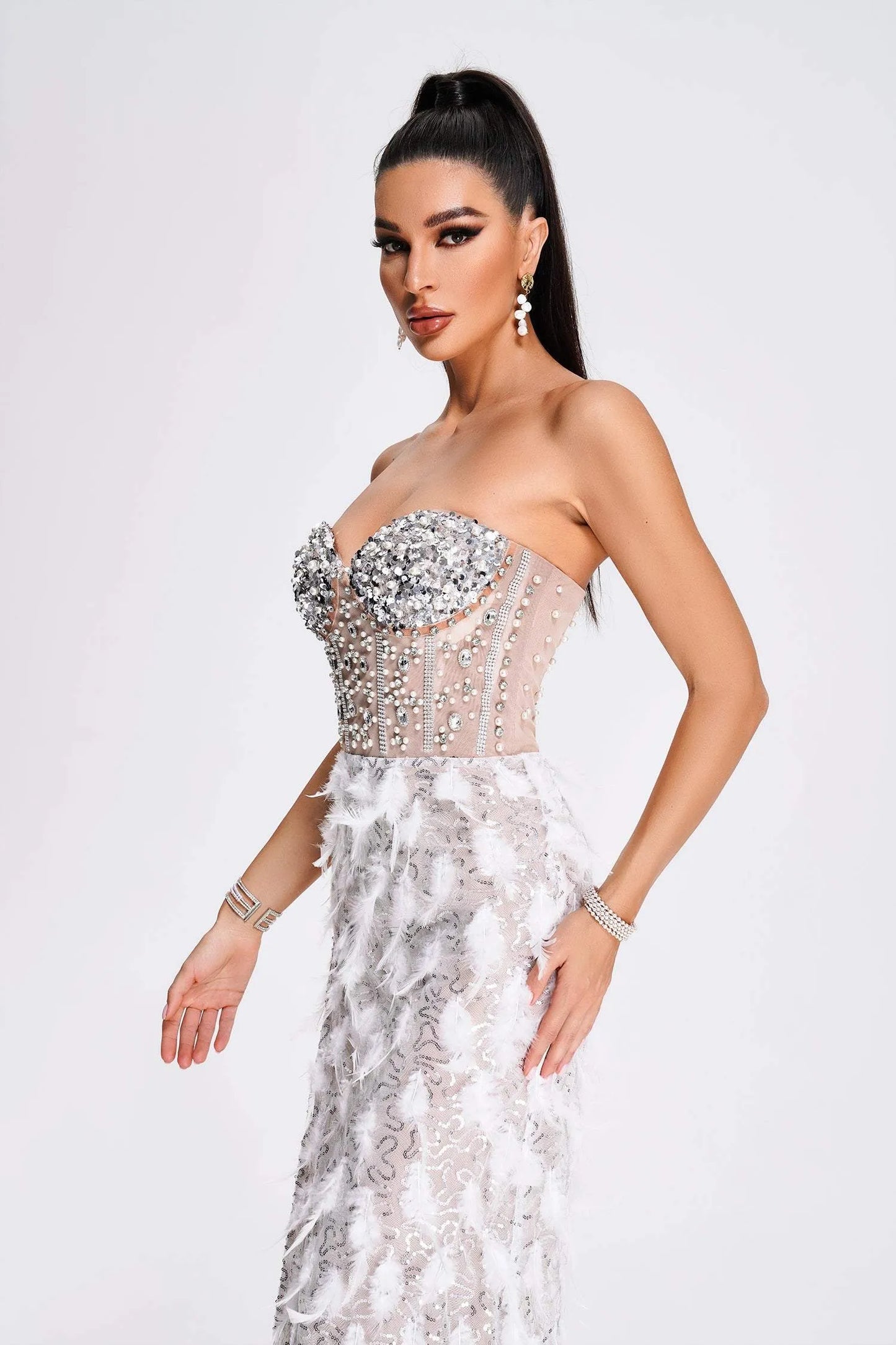 Mylie Strapless Diamonate Feather Midi Dress