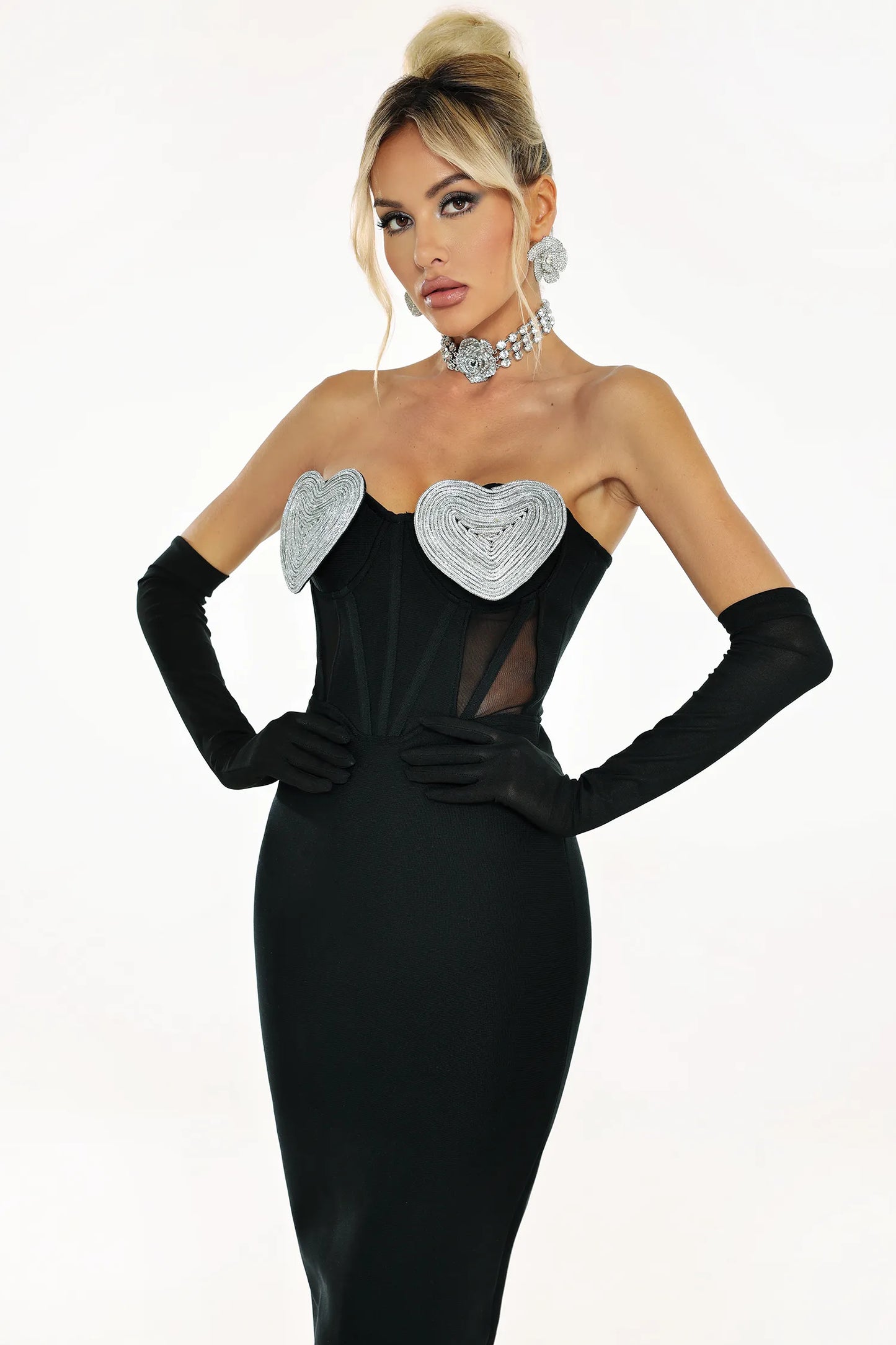 Pom Diamante Strapless Bandage Dress