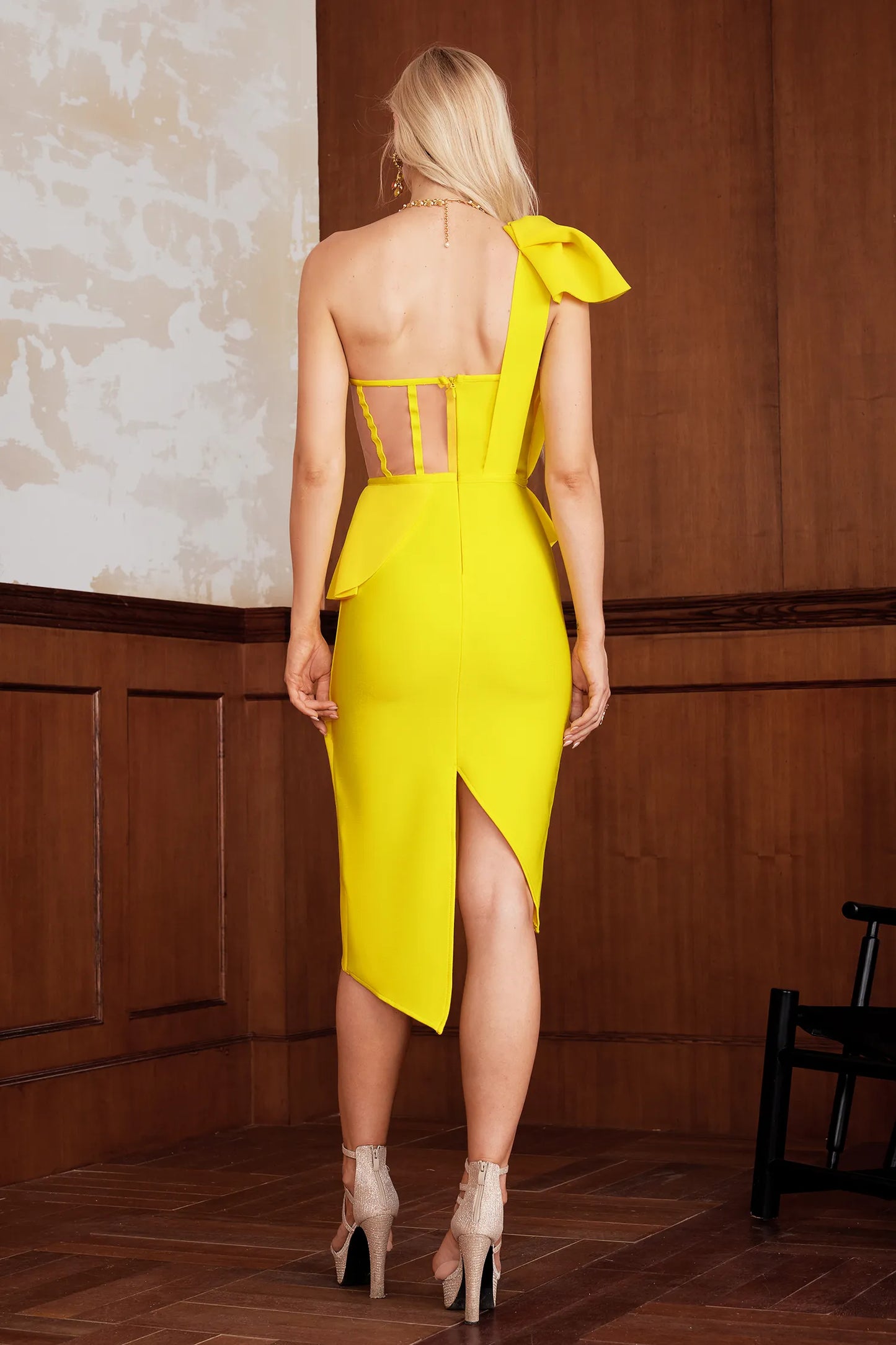 Spak One Shoulder Midi Dress-Yellow