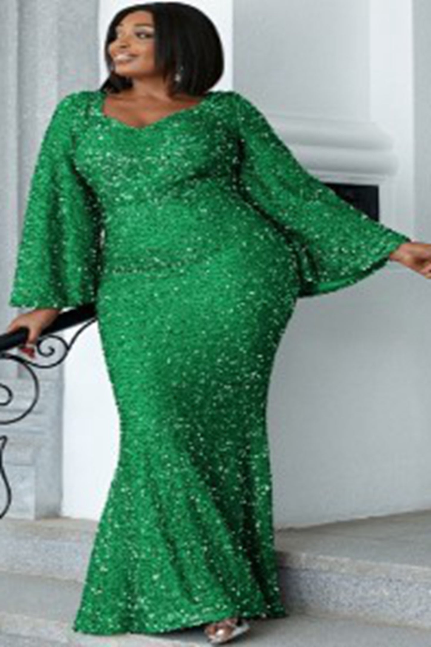 Sequin Bell Sleeve Mermaid Plus Maxi Dress