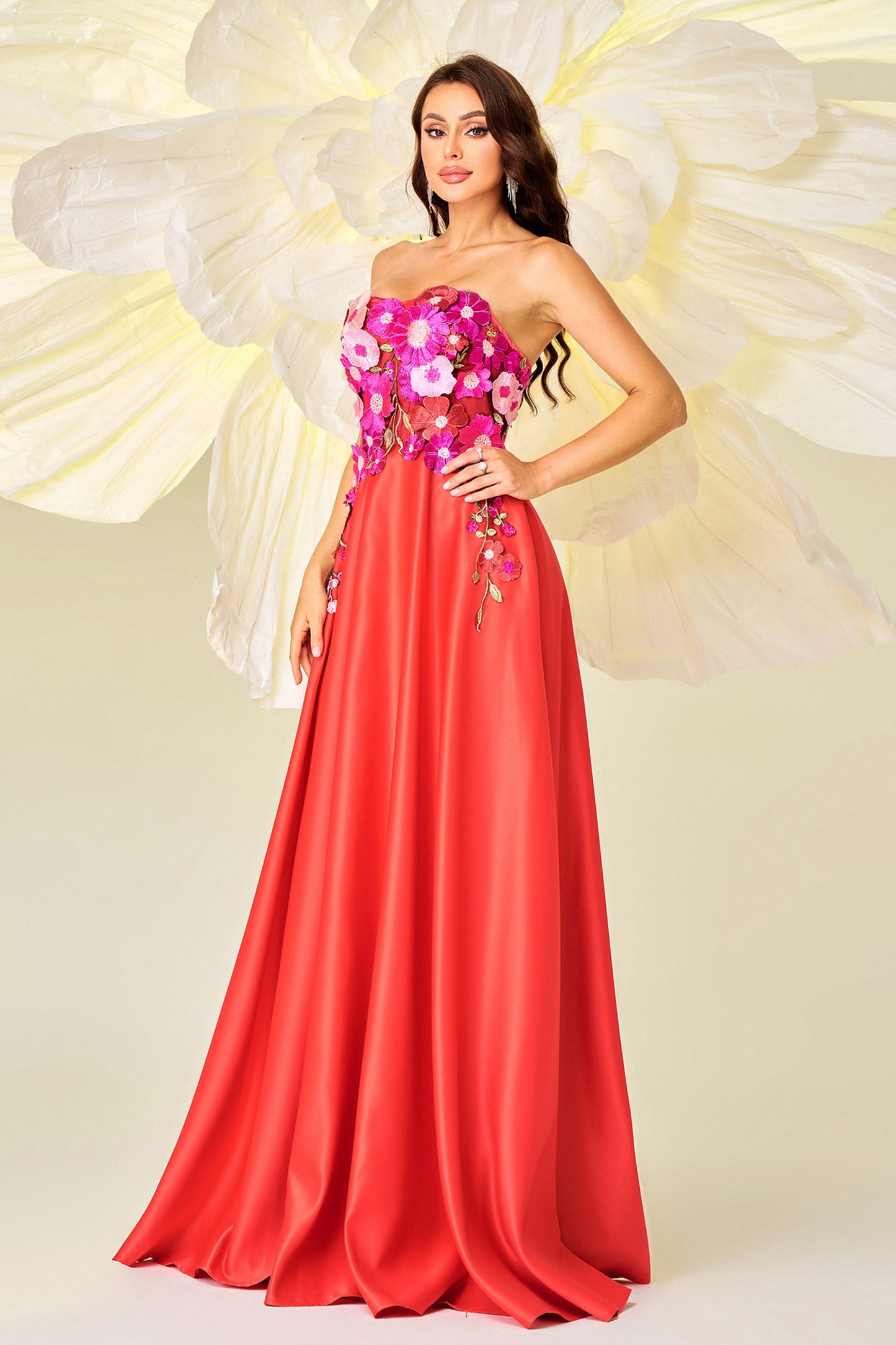 Embroidered Floral Strapless Maxi Dress