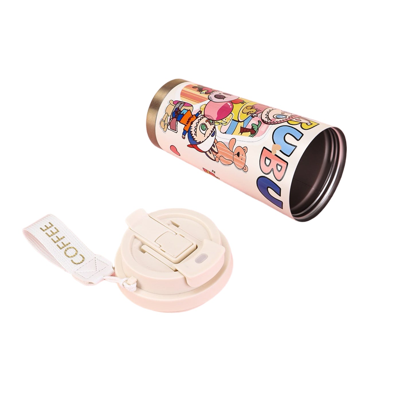 Labubu cartoon coffee tumbler with removable flip lid and stainless steel interior