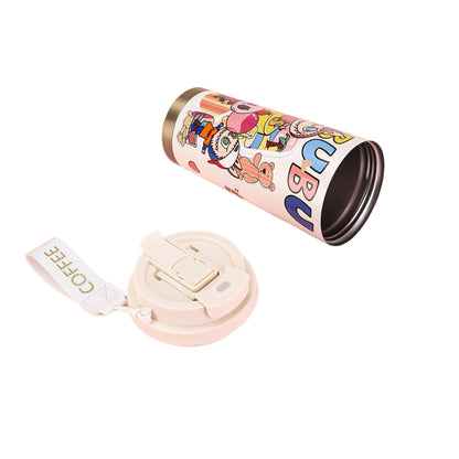 Labubu cartoon coffee tumbler with removable flip lid and stainless steel interior