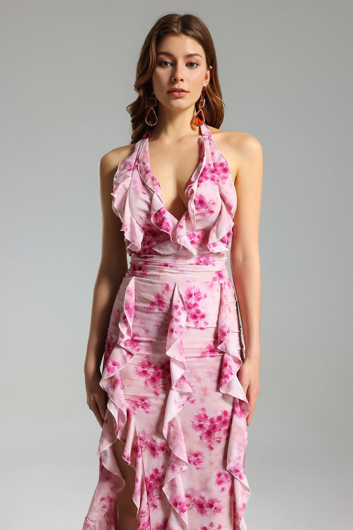 Yamia Floral Ruffled Halter Dress