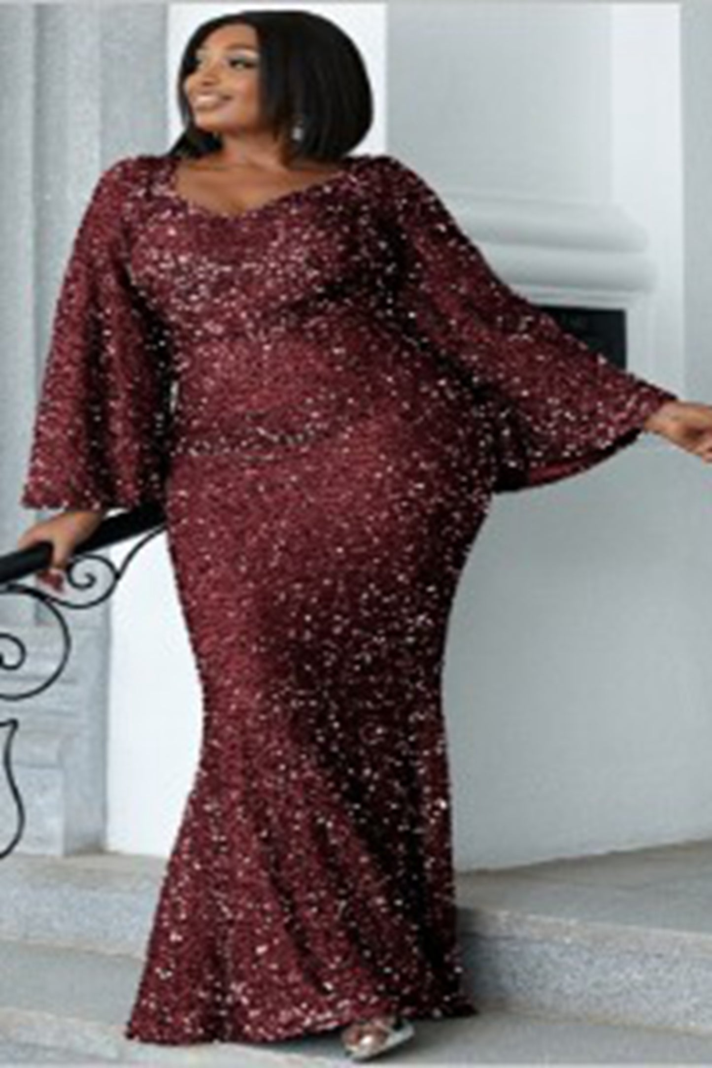 Sequin Bell Sleeve Mermaid Plus Maxi Dress