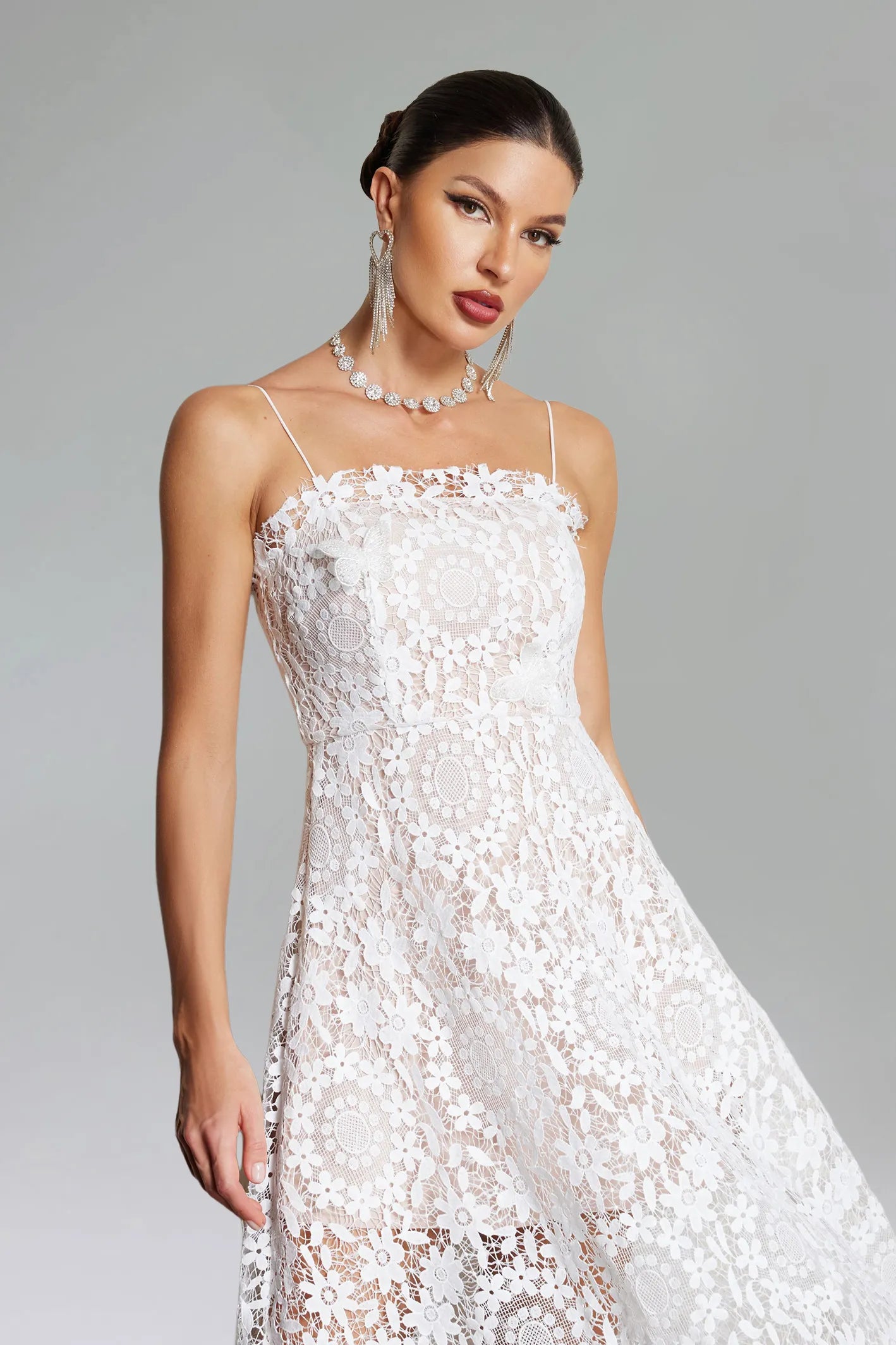 Kaci Flower Lace Mesh Dress - White