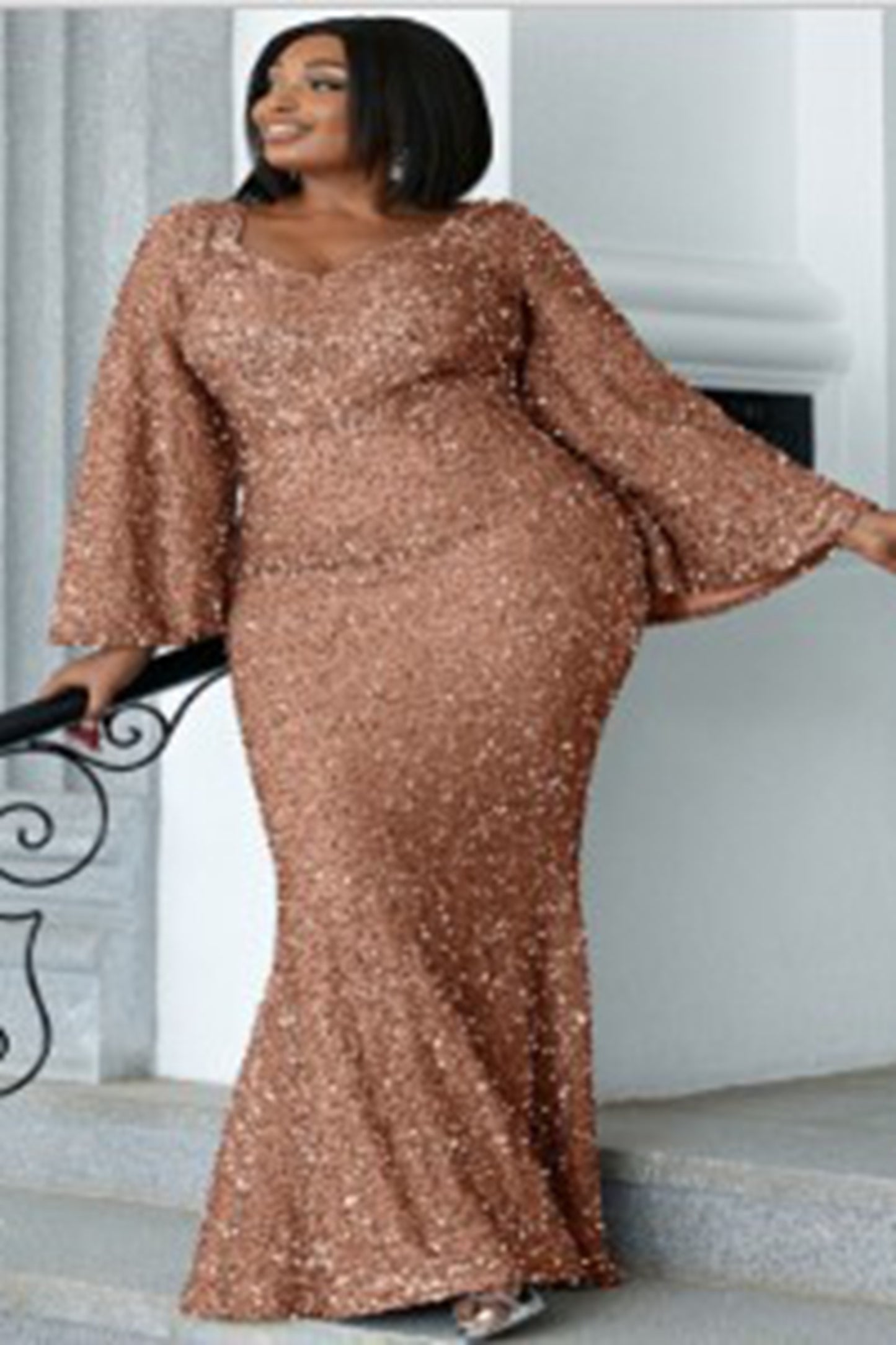 Sequin Bell Sleeve Mermaid Plus Maxi Dress