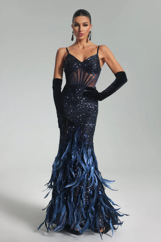 Sarah Sequin Feather Maxi Dress