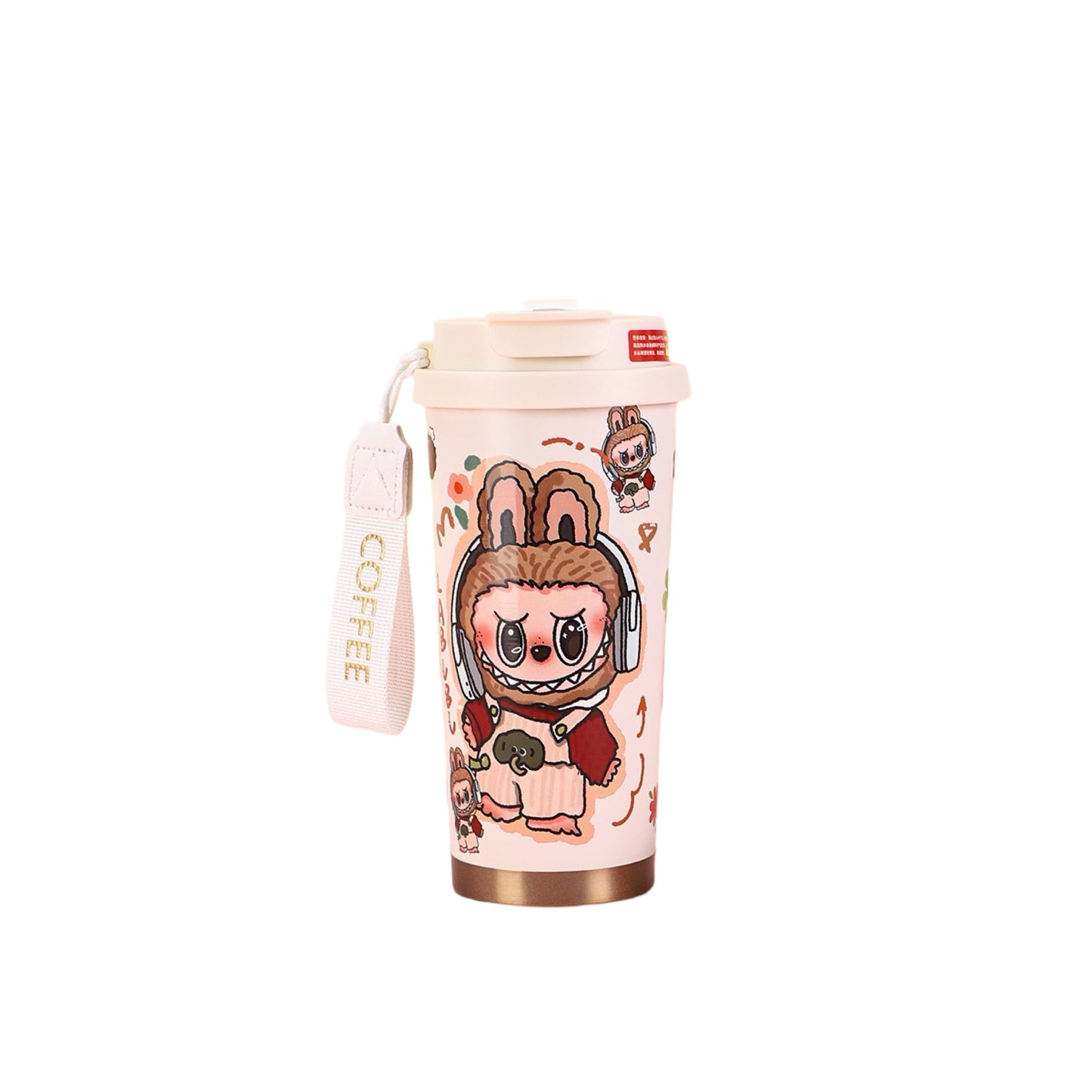 Labubu brown bunny series stainless steel coffee tumbler with cute cartoon design and carry strap