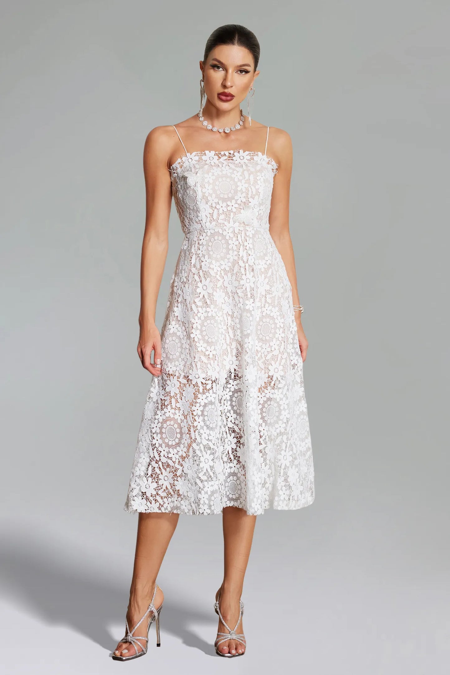 Kaci Flower Lace Mesh Dress - White