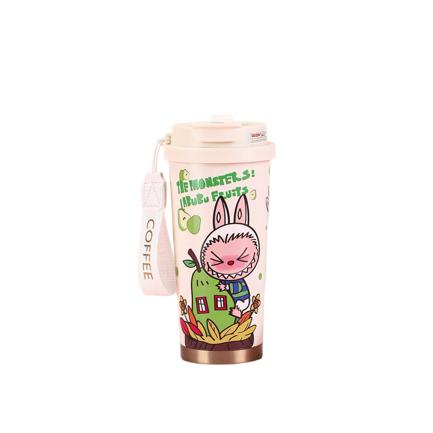 Labubu fruit series travel mug with green apple house cartoon design