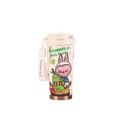 Labubu fruit series travel mug with green apple house cartoon design