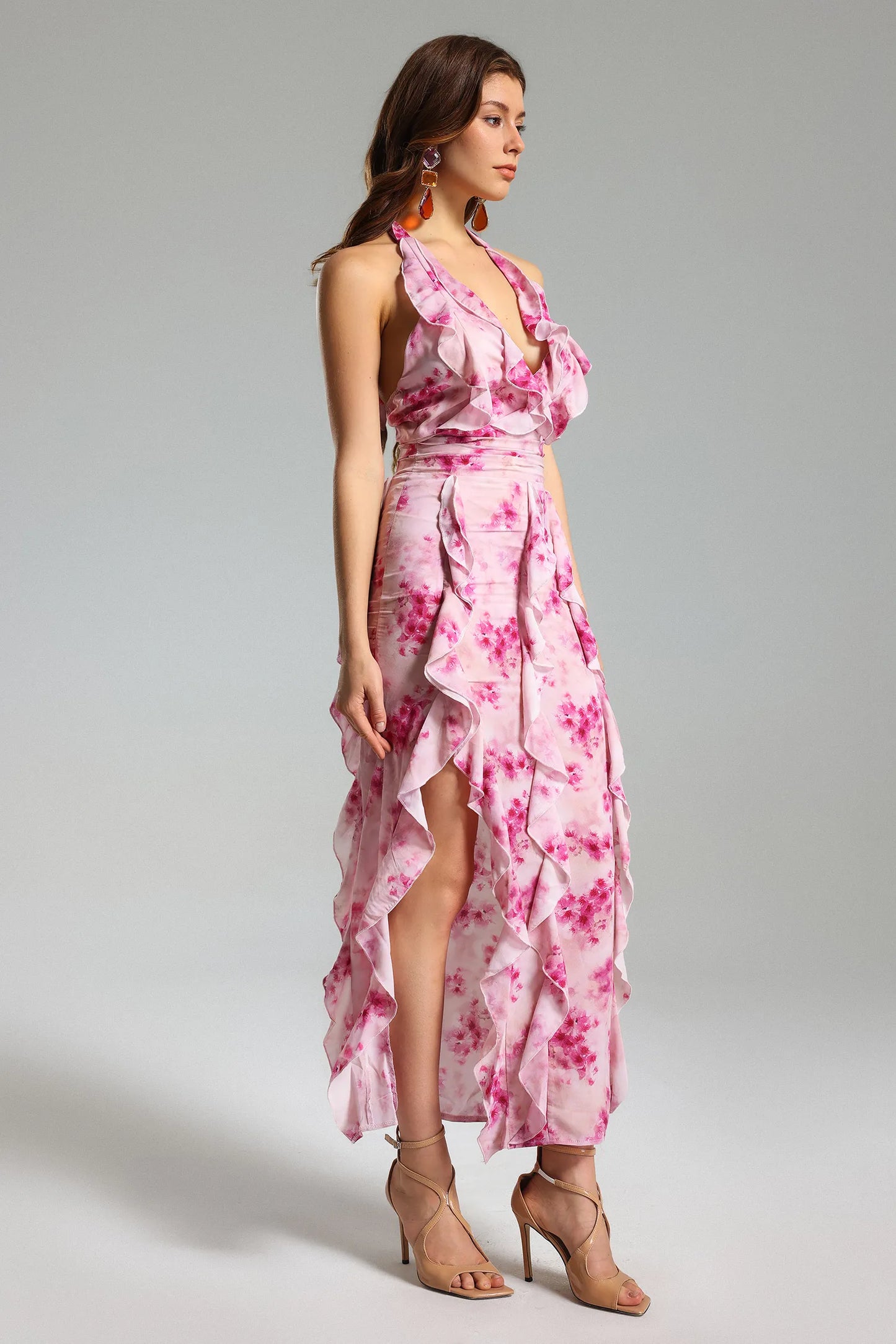 Yamia Floral Ruffled Halter Dress