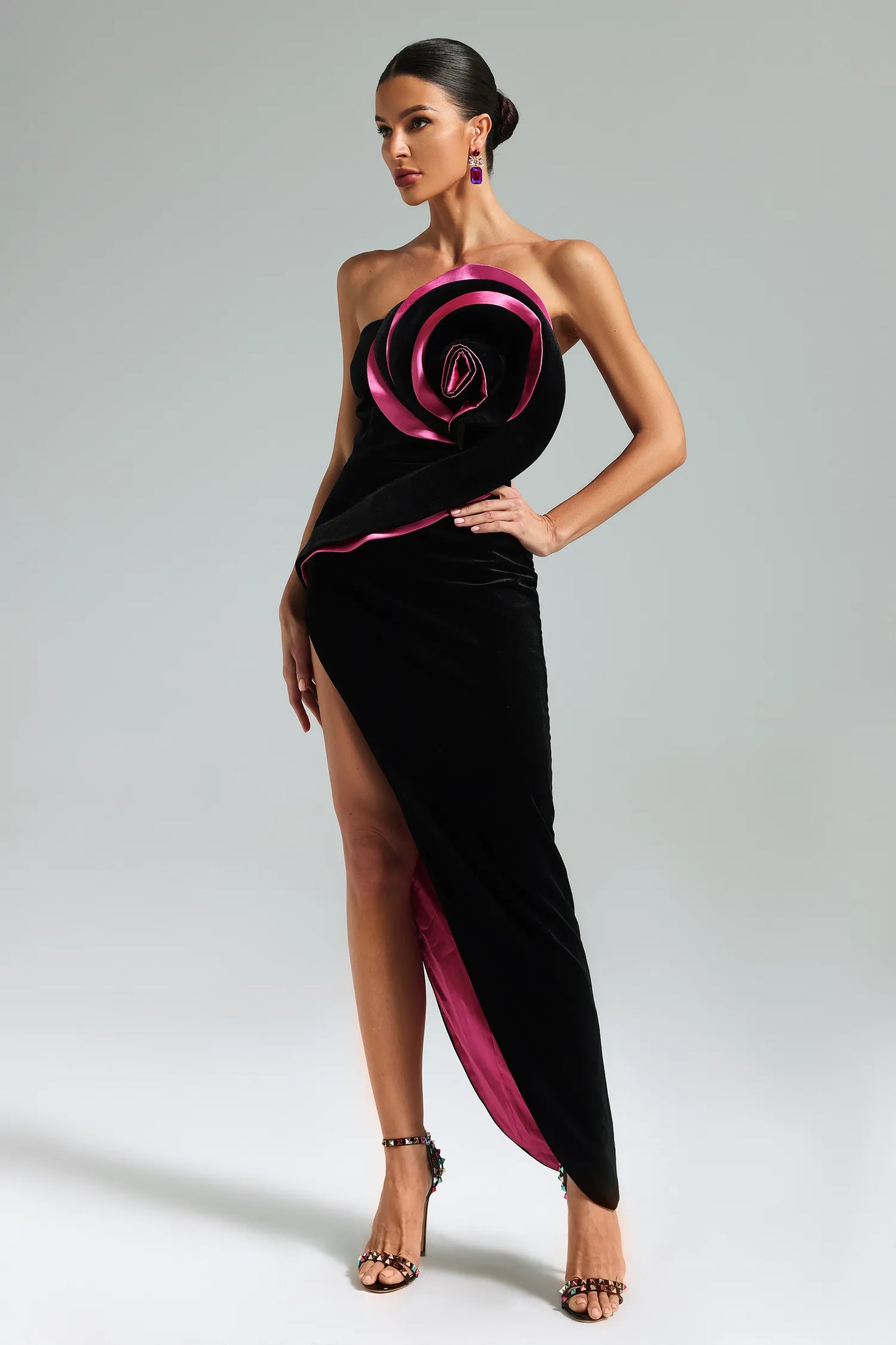 Turey Velvet Flower Slit Maxi Dress