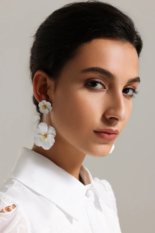 Claire Metallic Flower Earrings - White