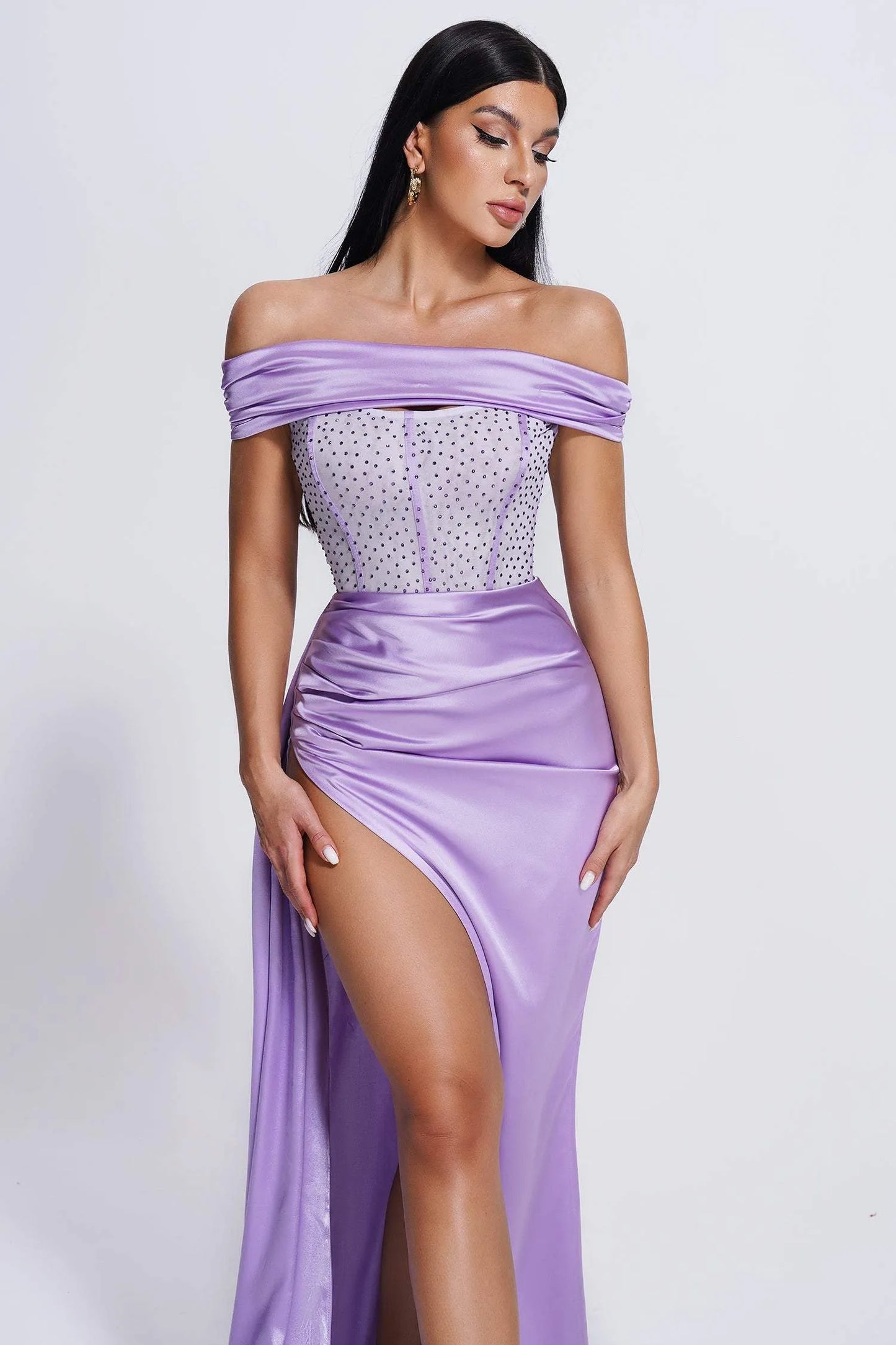 Colia Diamante Mesh Corset Satin Maxi Dress - Purple