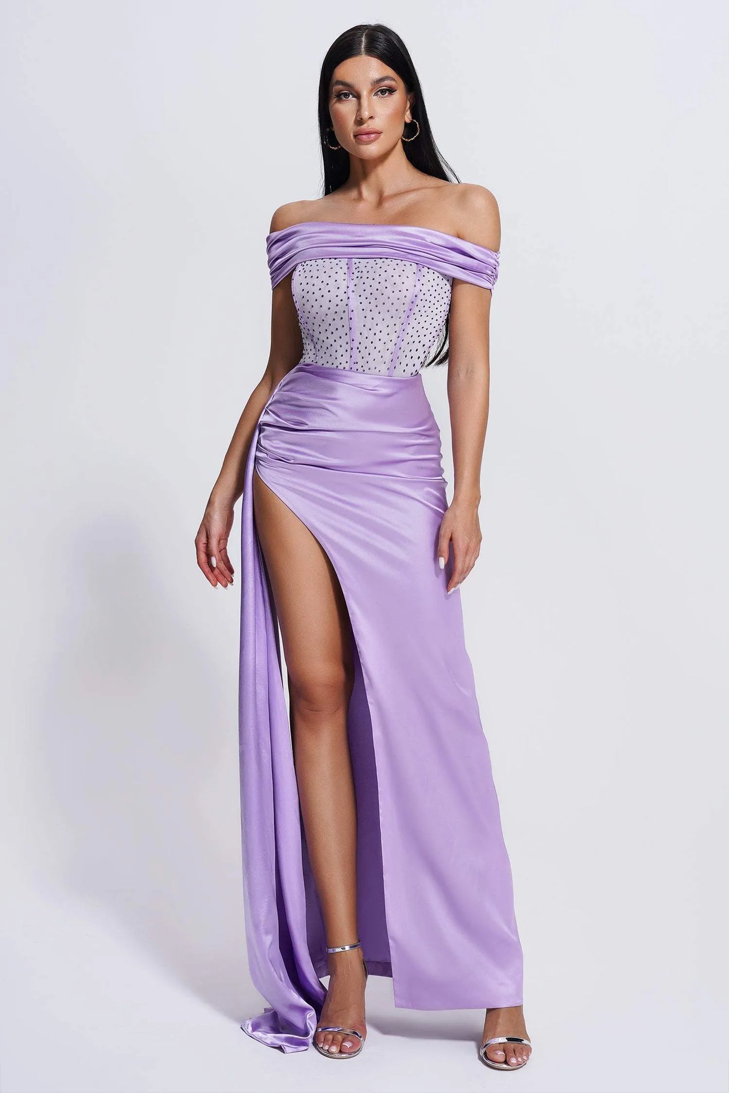 Colia Diamante Mesh Corset Satin Maxi Dress - Purple