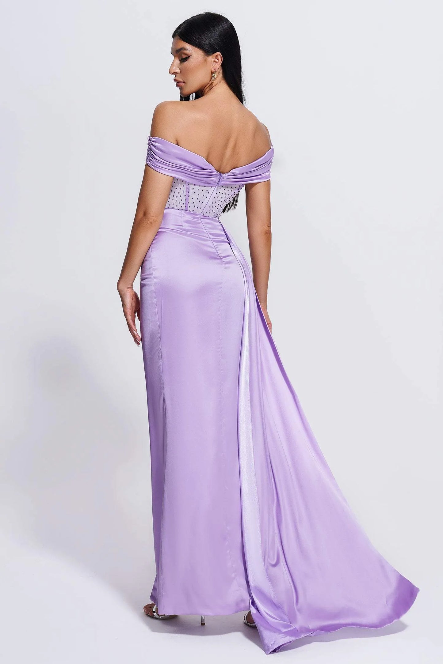 Colia Diamante Mesh Corset Satin Maxi Dress - Purple