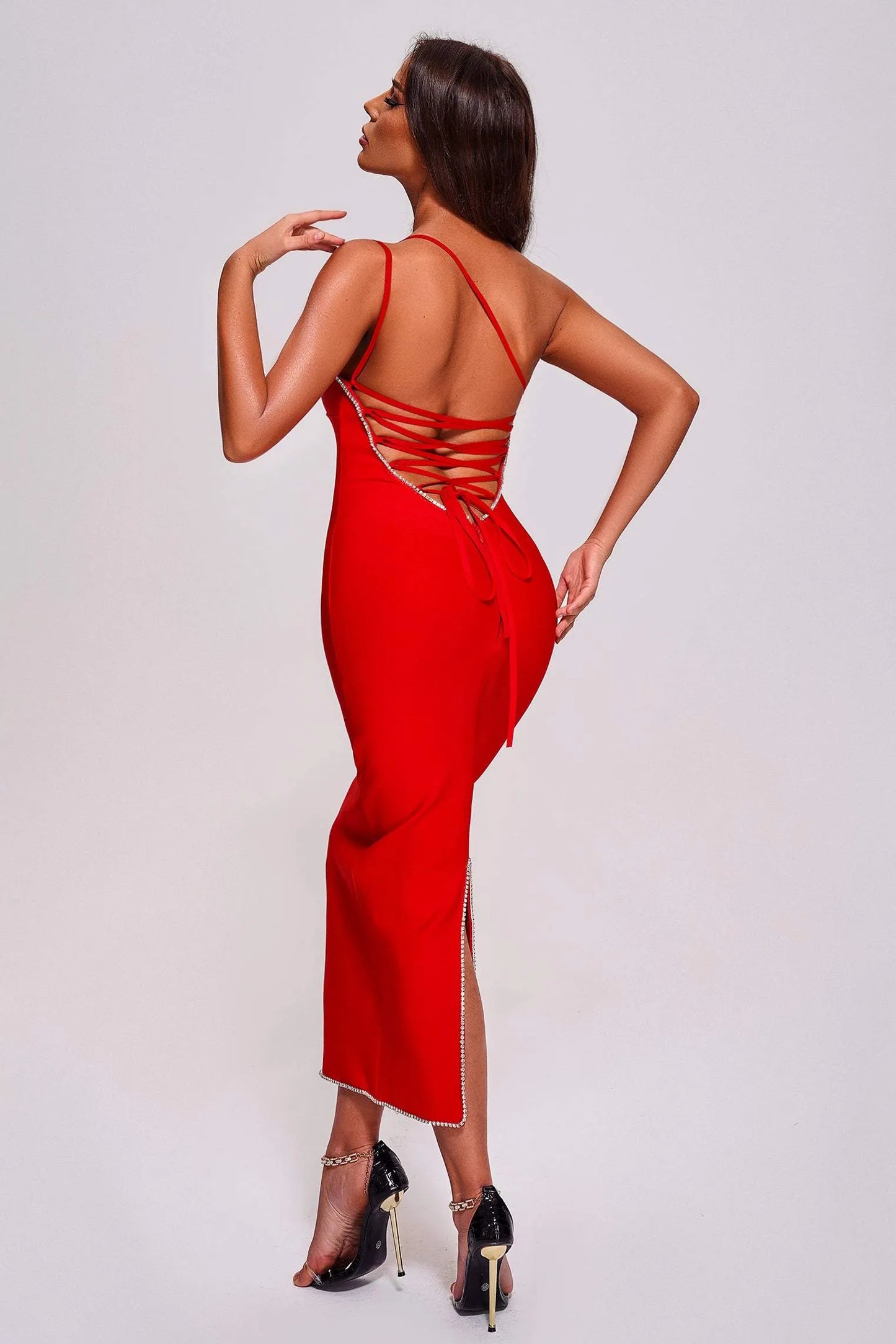 Winee One Shoulder Diamante Backless Midi Bandage Dress