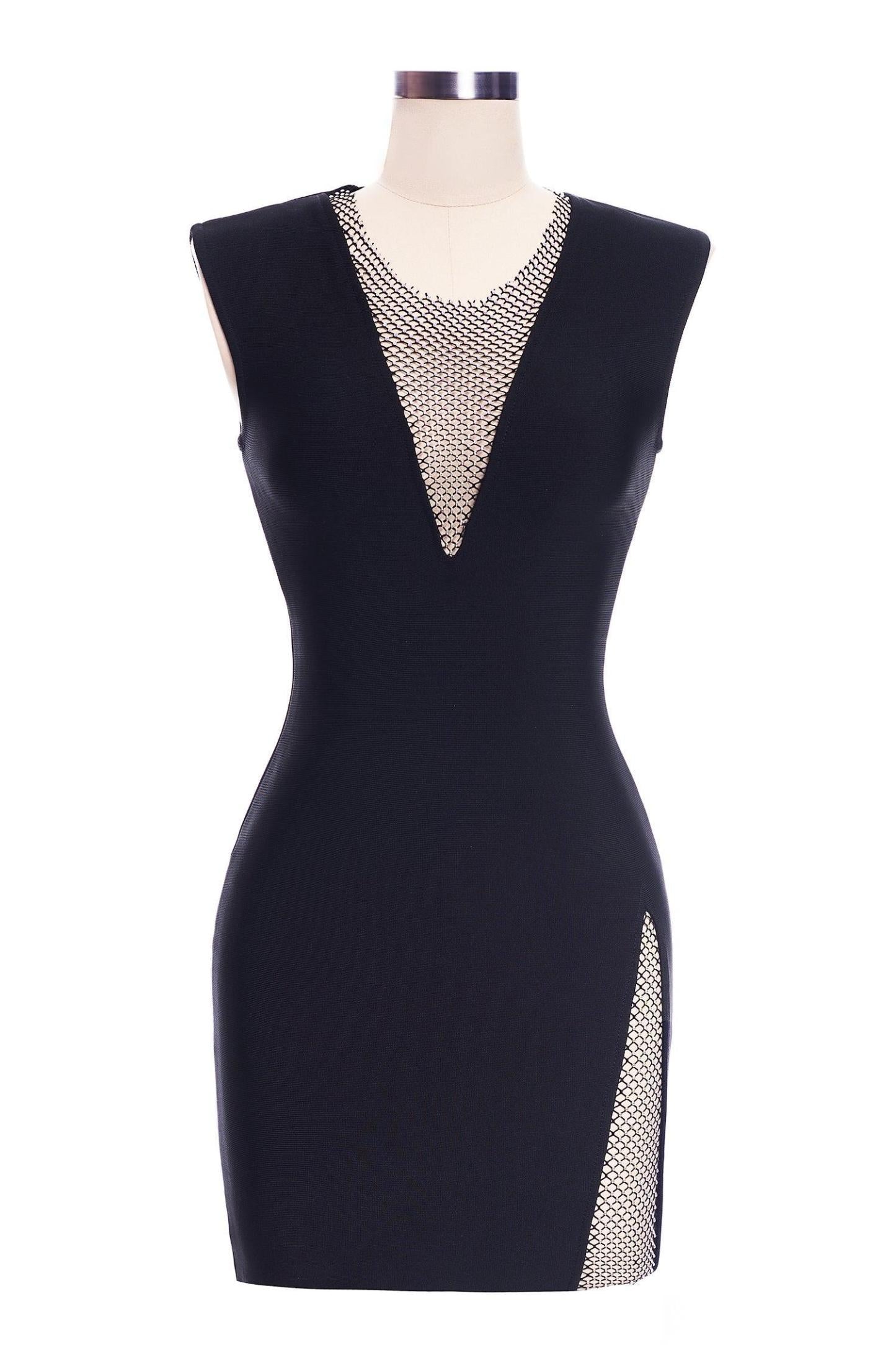 V Neck Bandage Bodycon Split Mini Dress - Classic Black