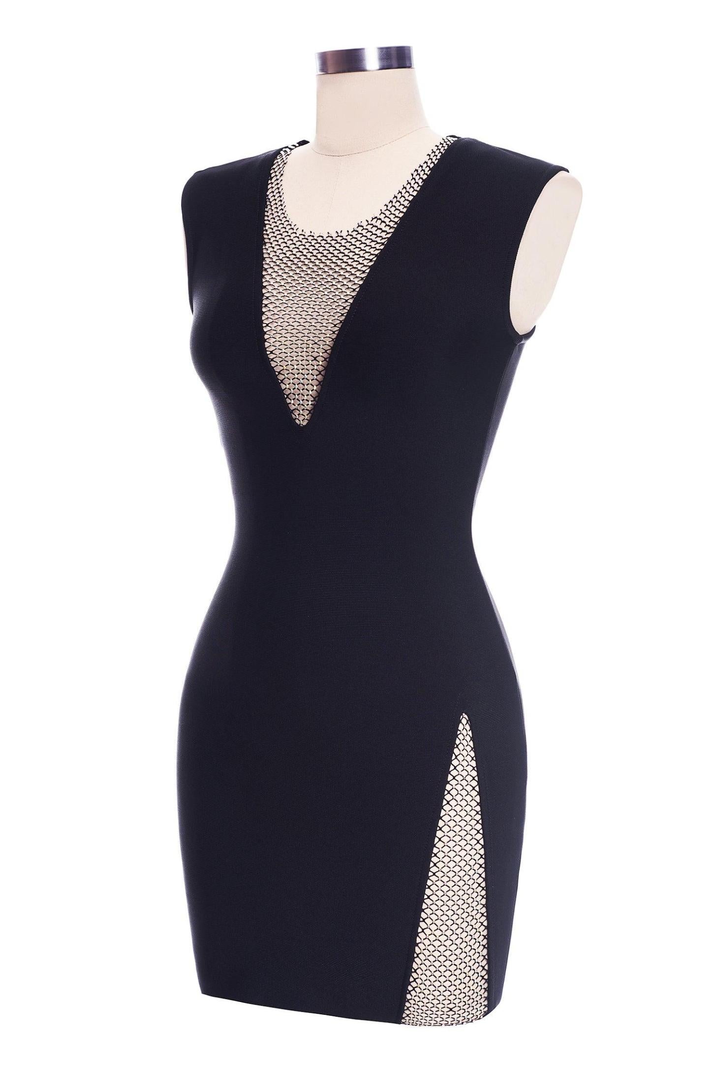 V Neck Bandage Bodycon Split Mini Dress - Classic Black