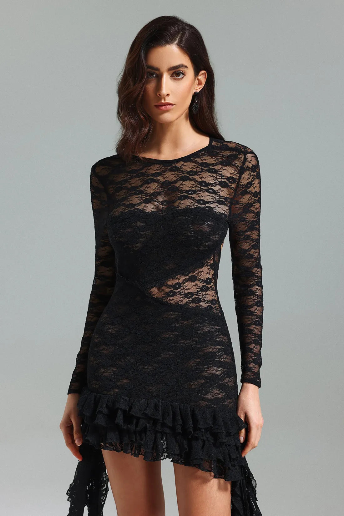 Edeline Lace Asymmetrical Hem Mini Dress