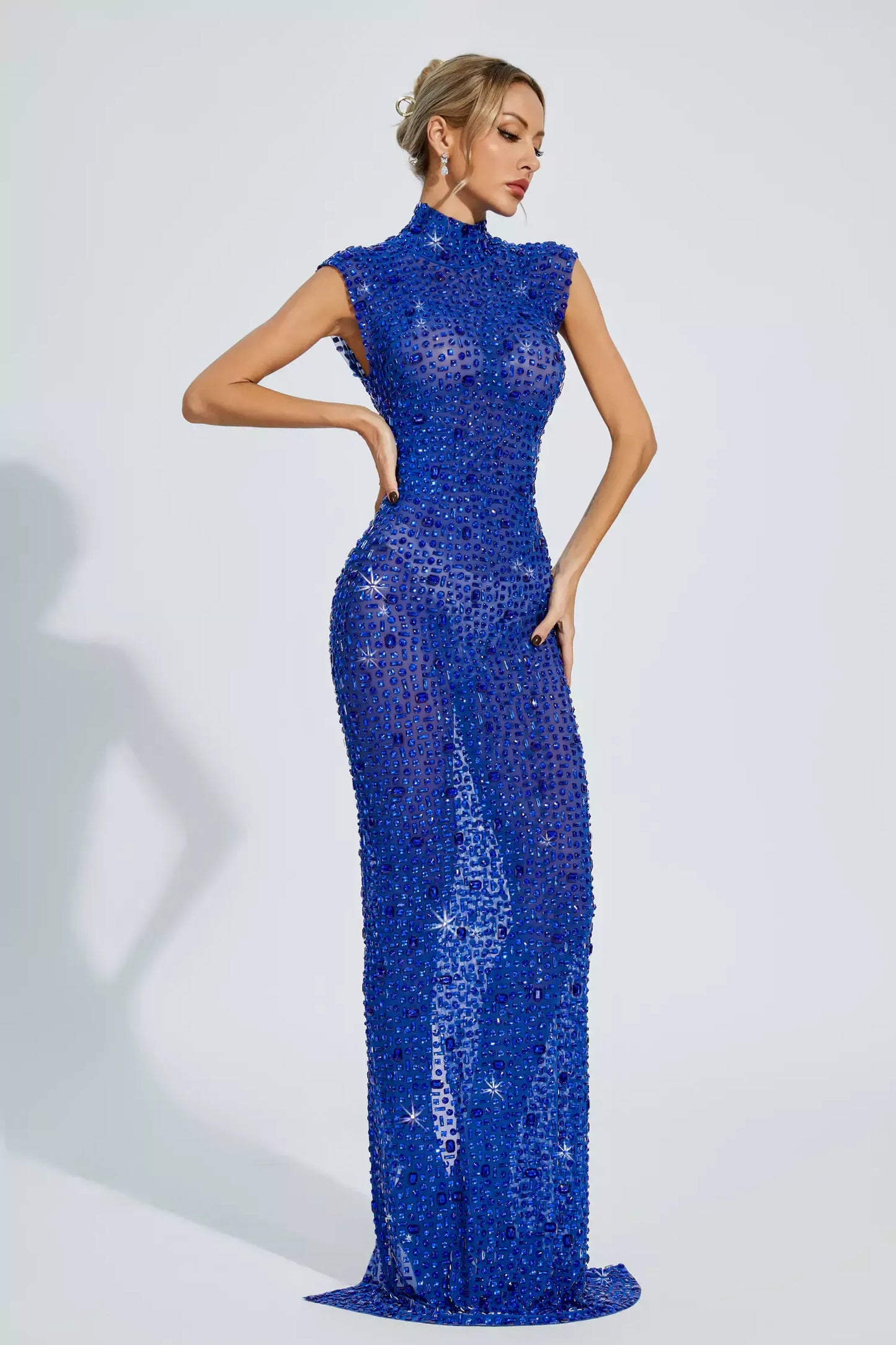 Emmalyn Blue Sleeveless Diamond Maxi Dress