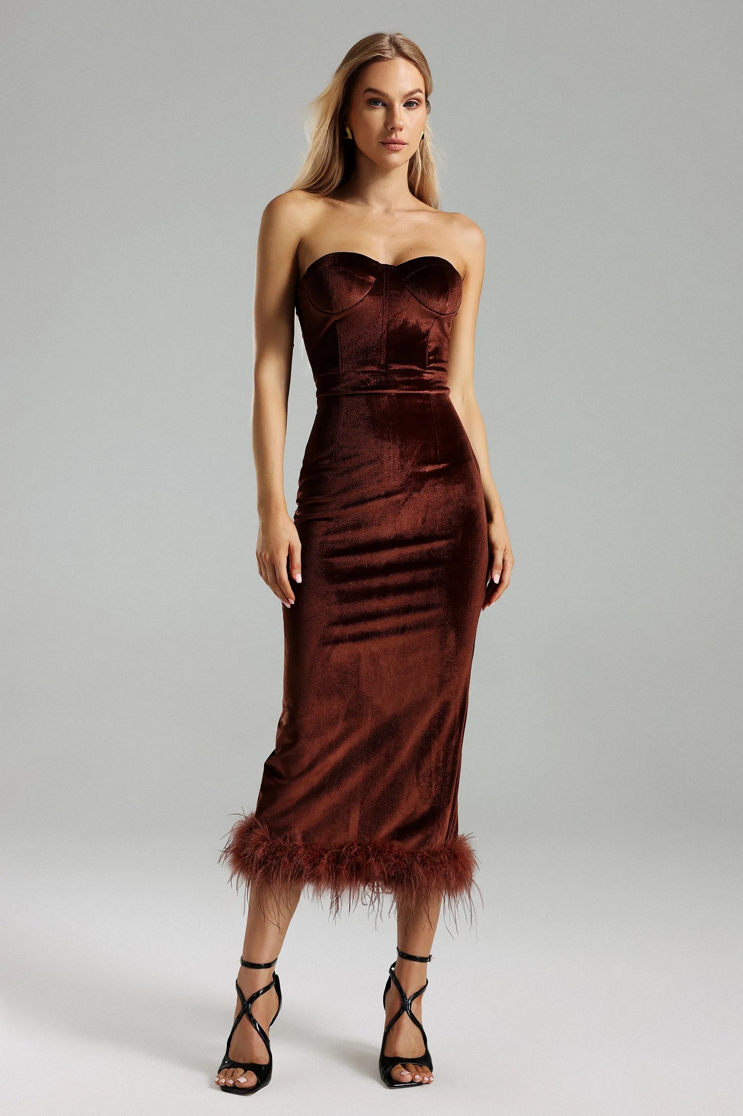 Uzaco Velvet Feather Hem Dress