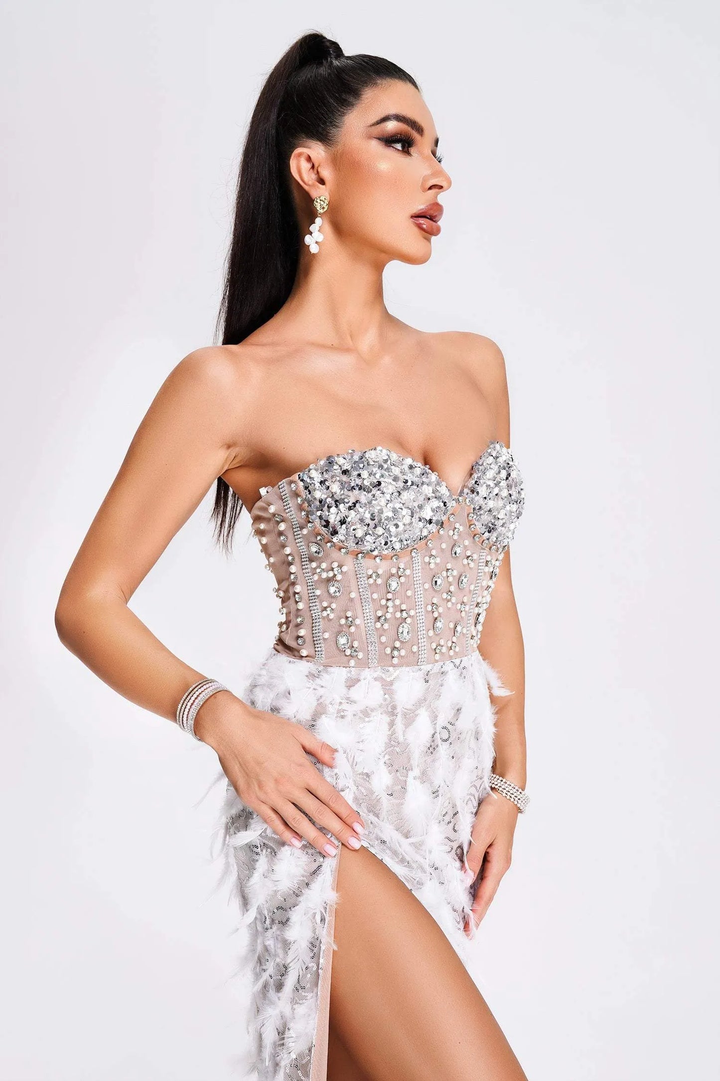 Mylie Strapless Diamonate Feather Midi Dress