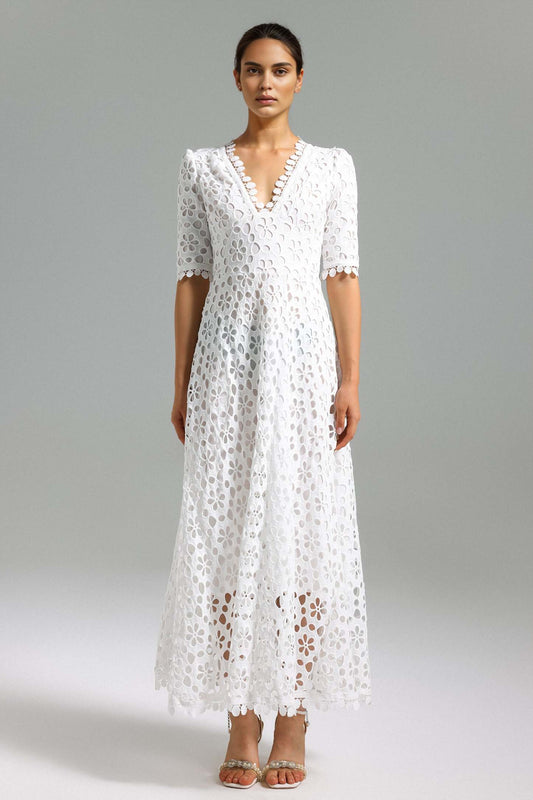 Glenora V-Neck Lace Maxi Dress - White