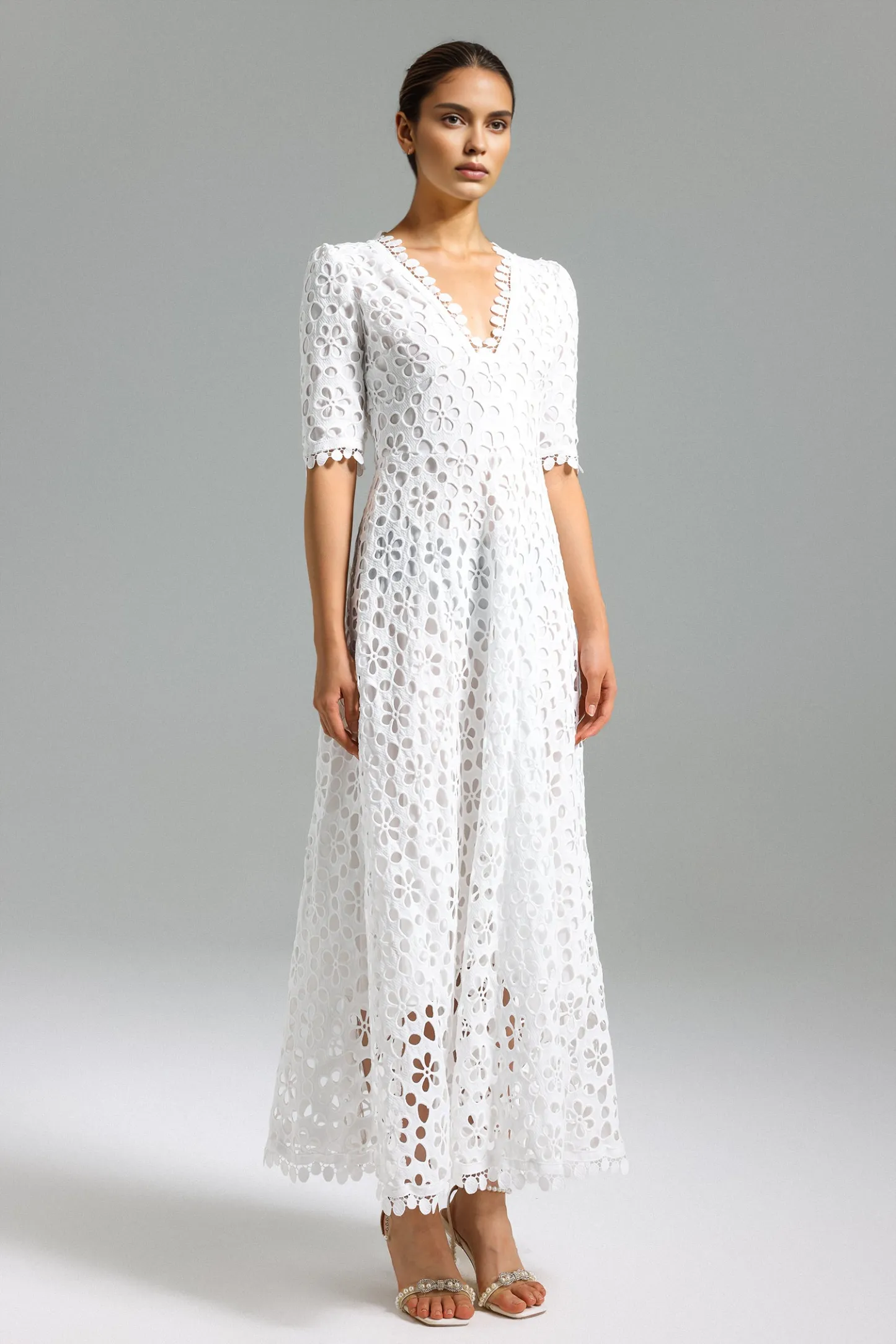 Glenora V-Neck Lace Maxi Dress - White