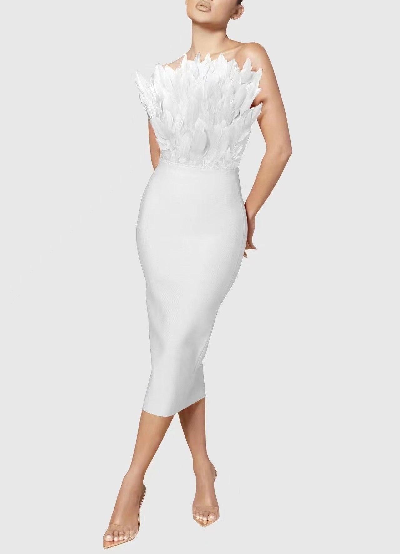 Parry Feather Strapless Midi Bandage Dress