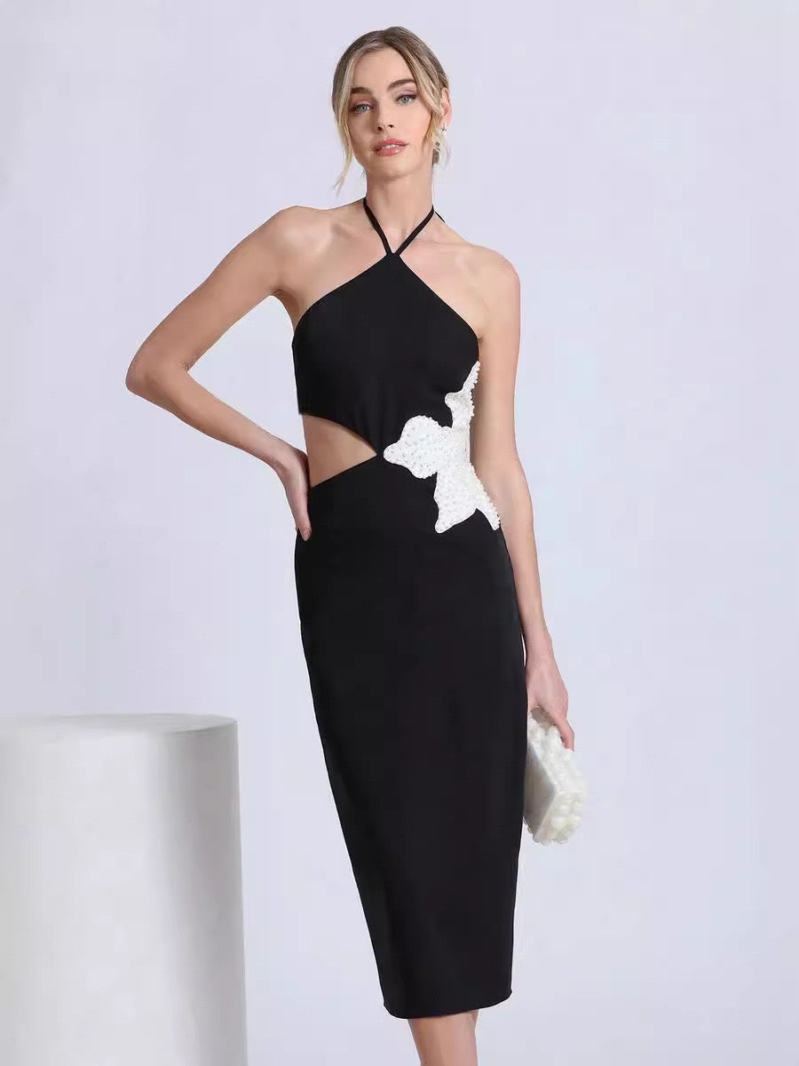 Clara Halterneck Flower Bandage Midi Dress