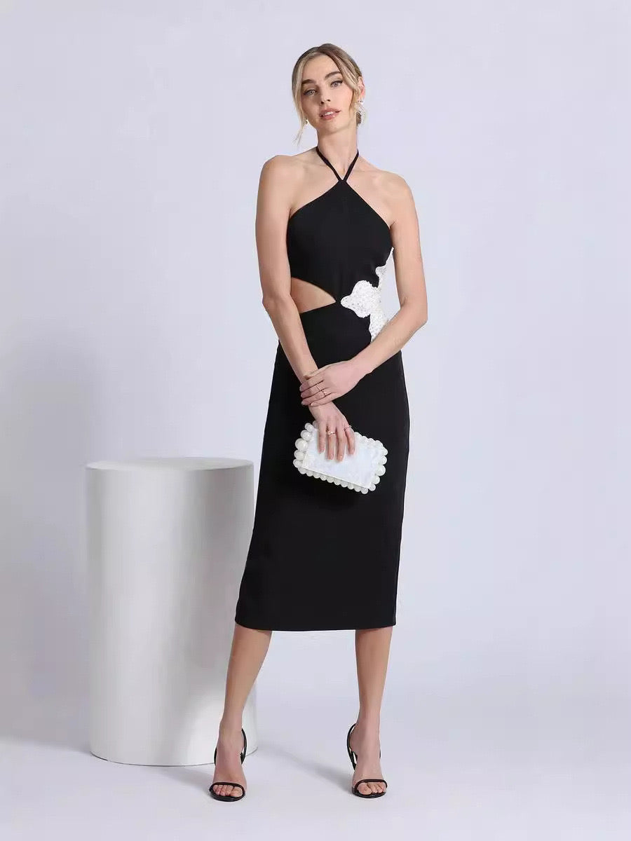 Clara Halterneck Flower Bandage Midi Dress