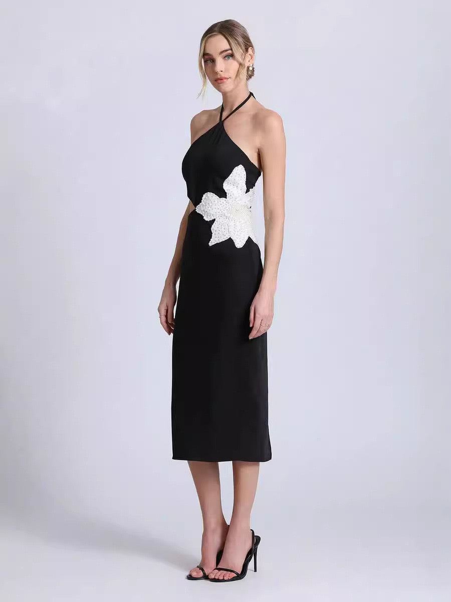 Clara Halterneck Flower Bandage Midi Dress